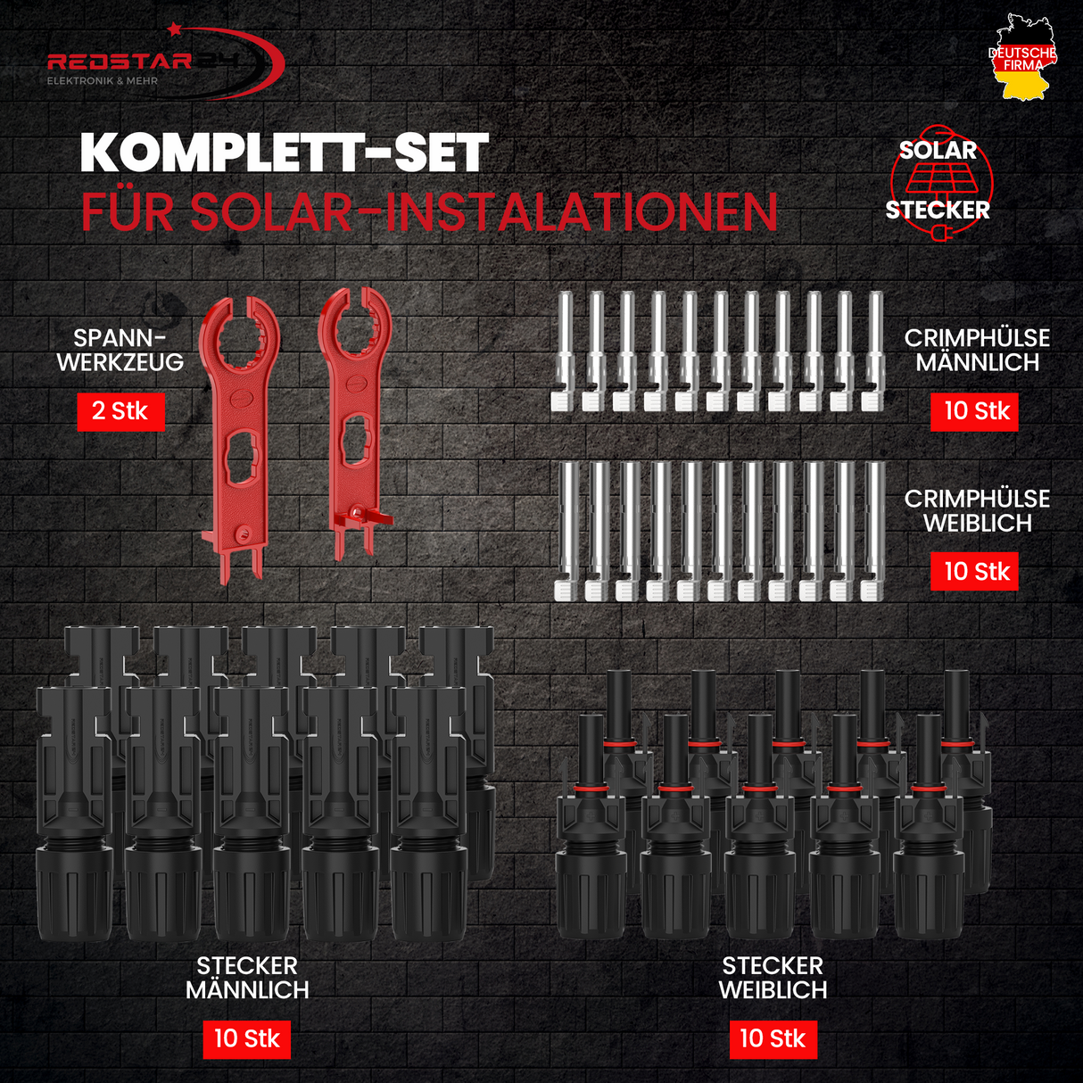 Solarstecker‑Set (m/w) für Photovoltaik – 6/10/12 Stück inkl. 2 Spanner