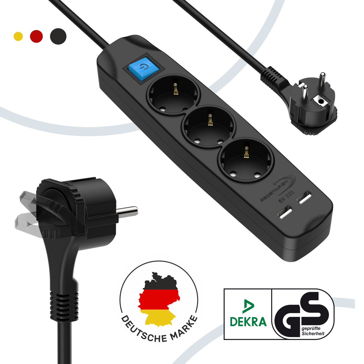 Schwarze Mehrfachsteckdose mit 2 USB-Ports und Schalter – RedStar24