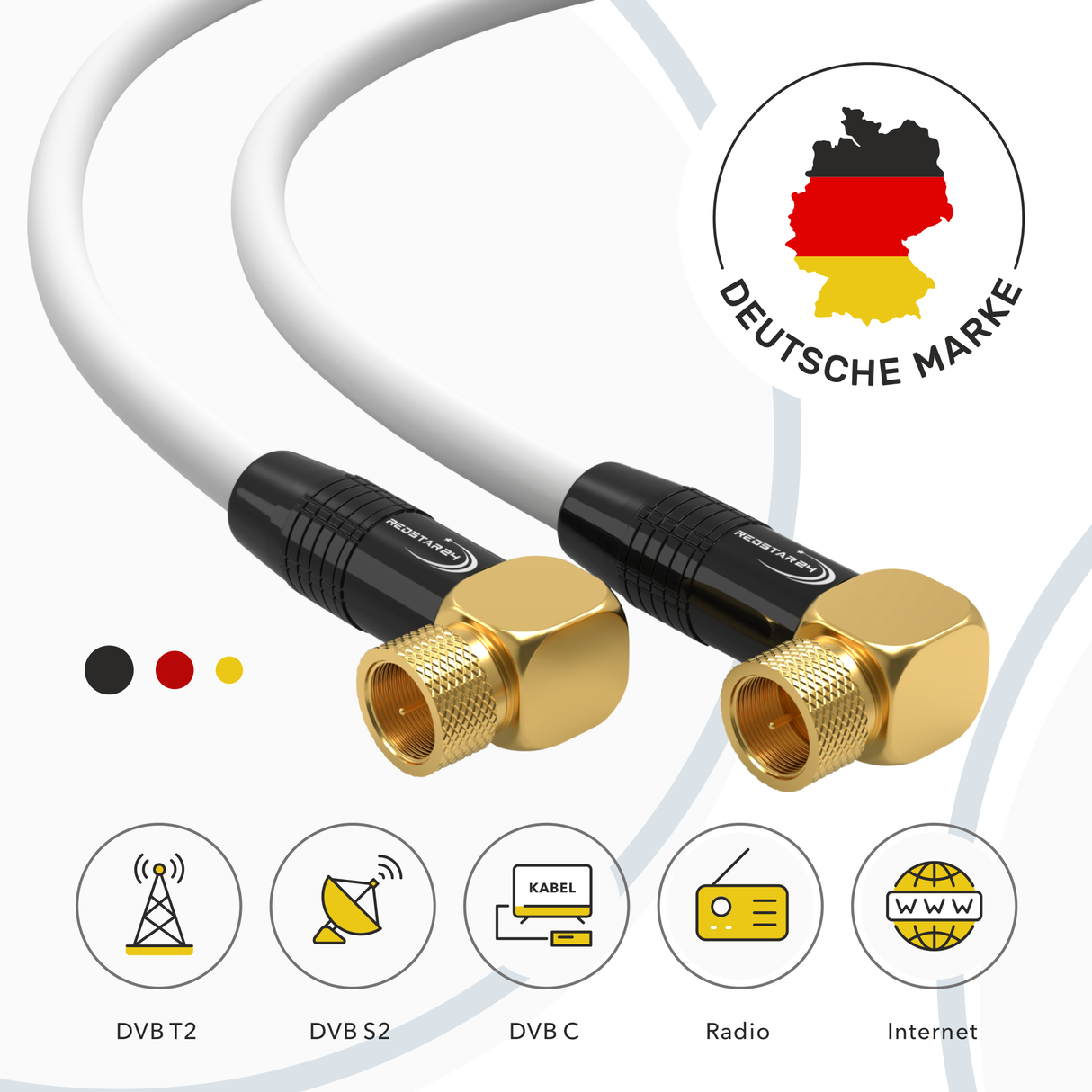 Vergoldete 90° F-Stecker am RedStar24 SAT Kabel – UHD, DVB-S2, Kabelinternet