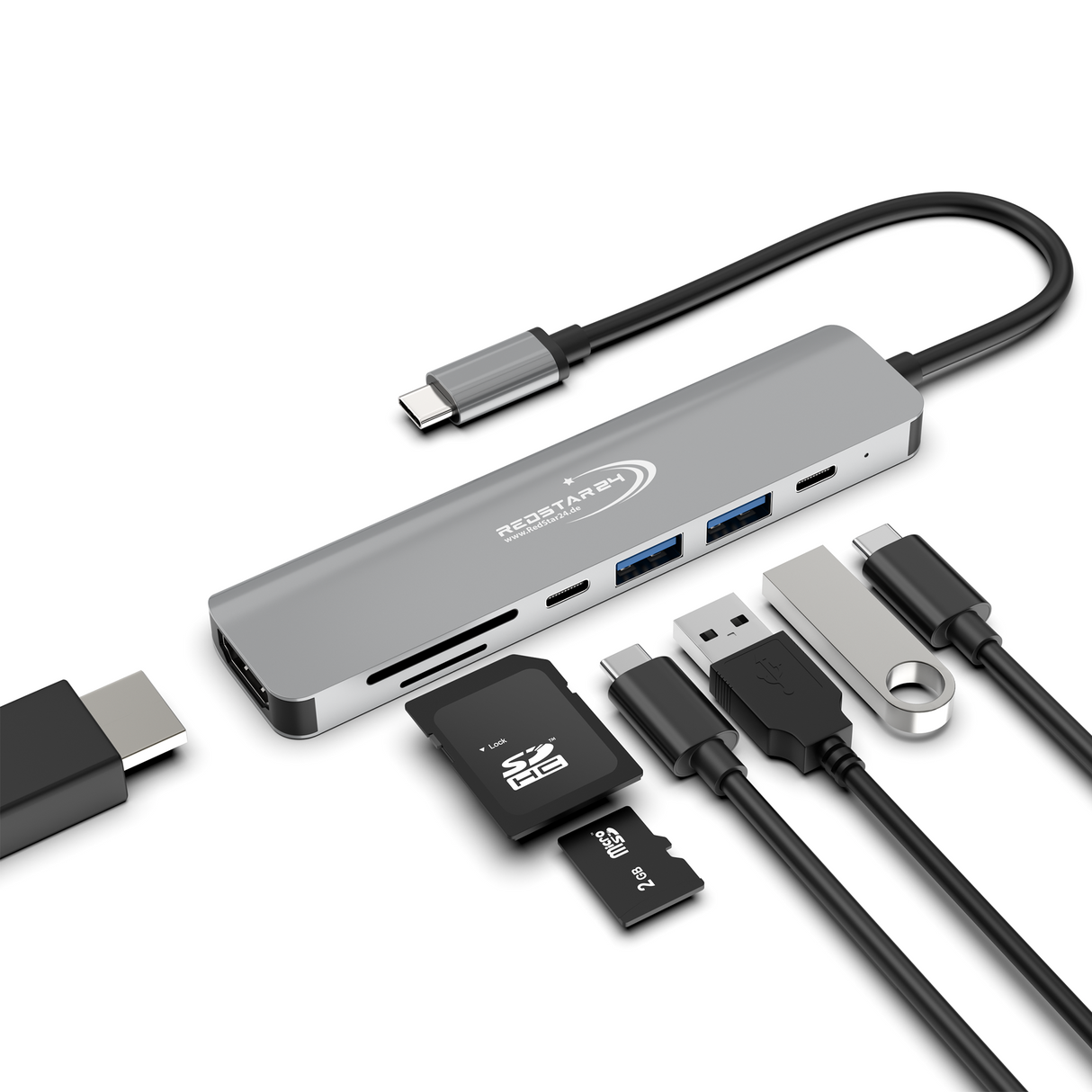 RedStar24 USB C Hub 7-in-1 Adapter – HDMI 4K & USB 3.0 in Space Grau