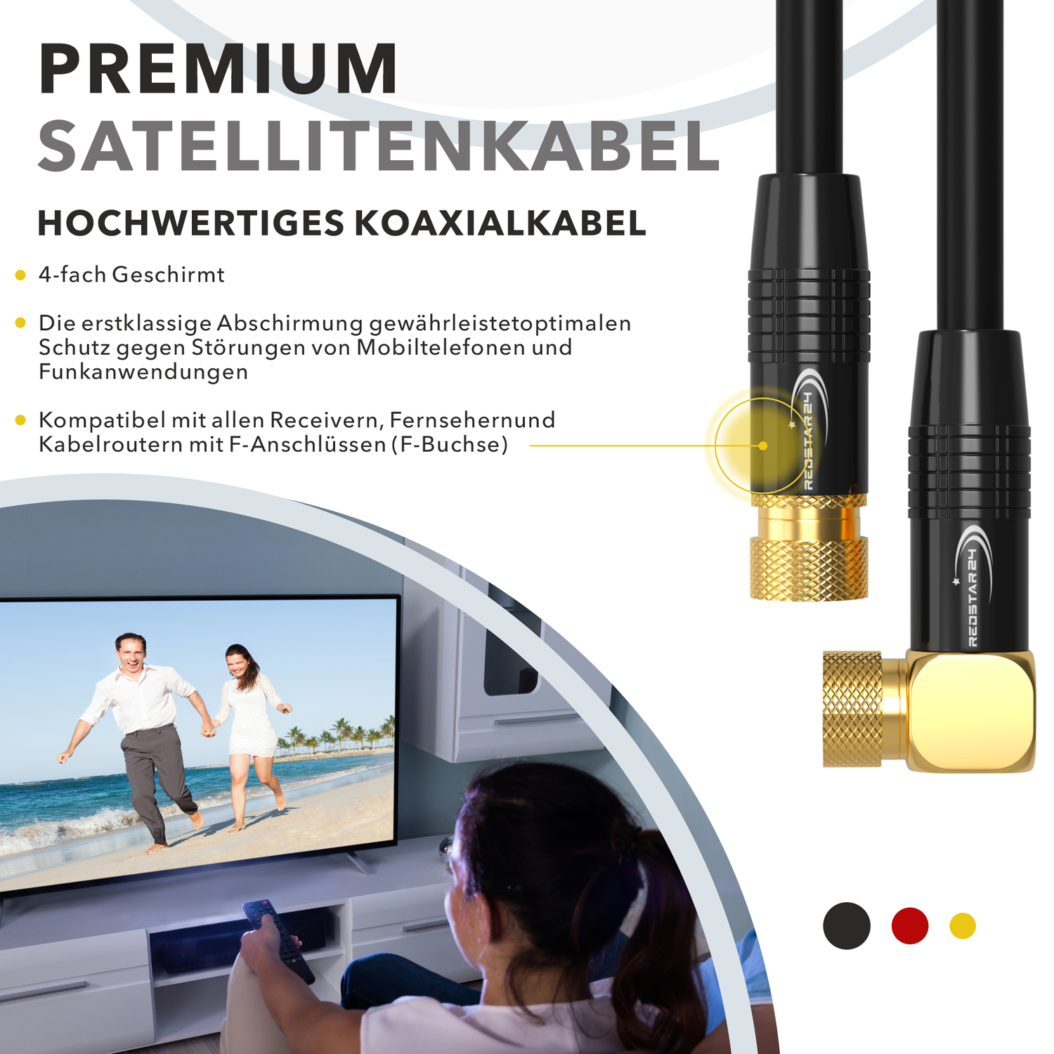 Koaxial SAT Kabel mit 90° Winkelstecker – vergoldete F-Stecker, 4K UHD kompatibel