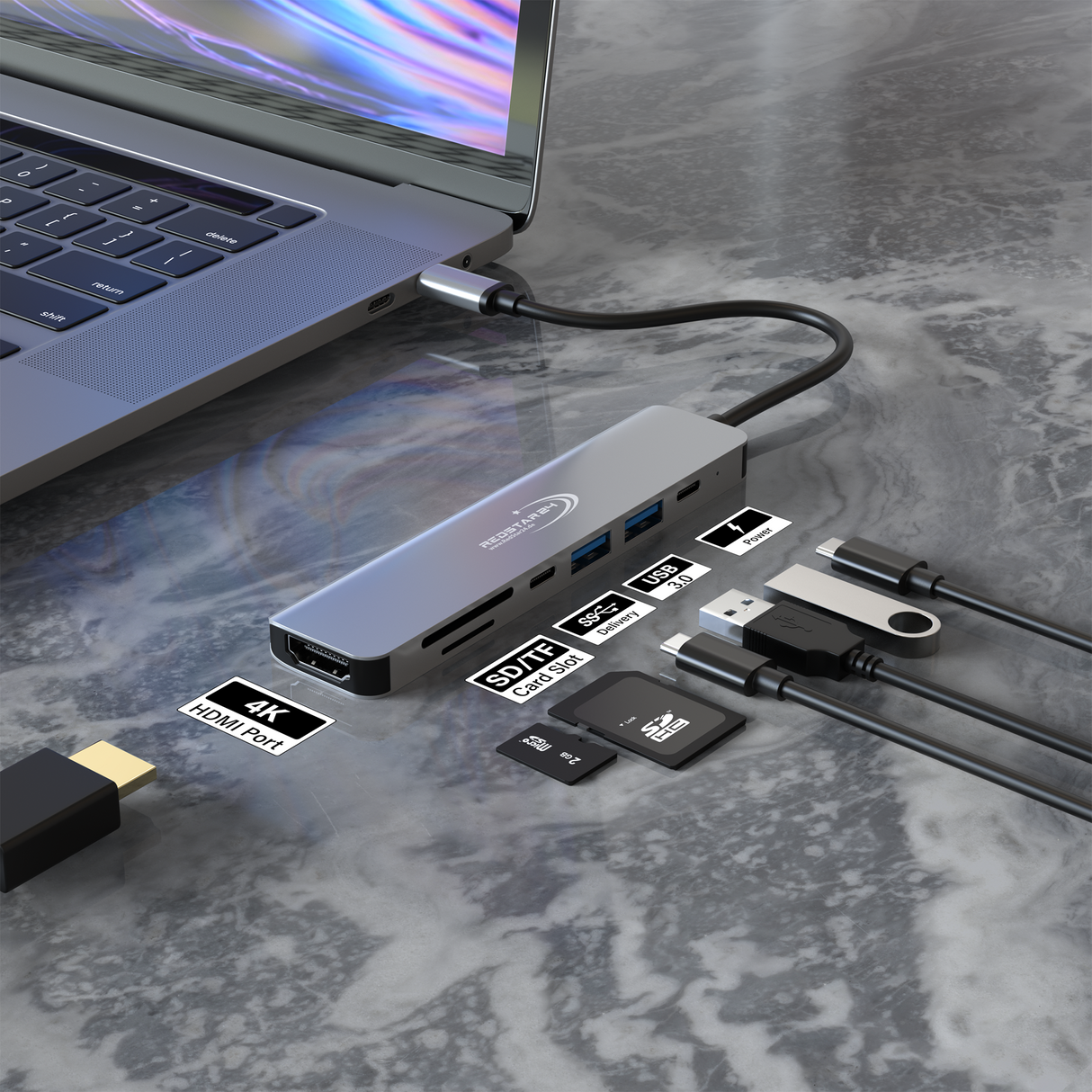 USB C Hub 7-in-1 für MacBook, Laptop & Samsung – RedStar24 Aluminium Adapter