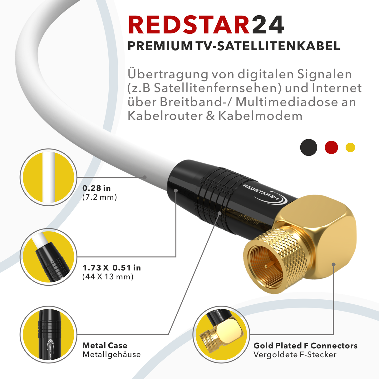 RedStar24 SAT Antennenkabel 135 dB – 2x 90° F-Winkelstecker – HDTV, DVB-S/S2, DVB-C, Kabelinternet, UHD, vergoldet – Schwarz/Weiß – 1m bis 20m