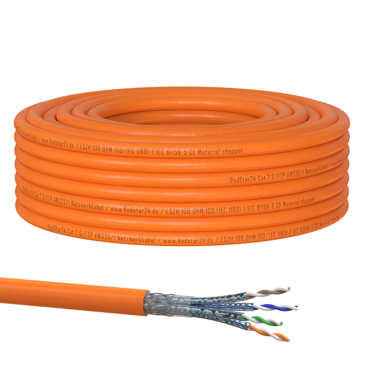 Cat7 Verlegekabel S/FTP 1000 MHz – Orange, LSZH (Eca), 23 AWG, PiMF