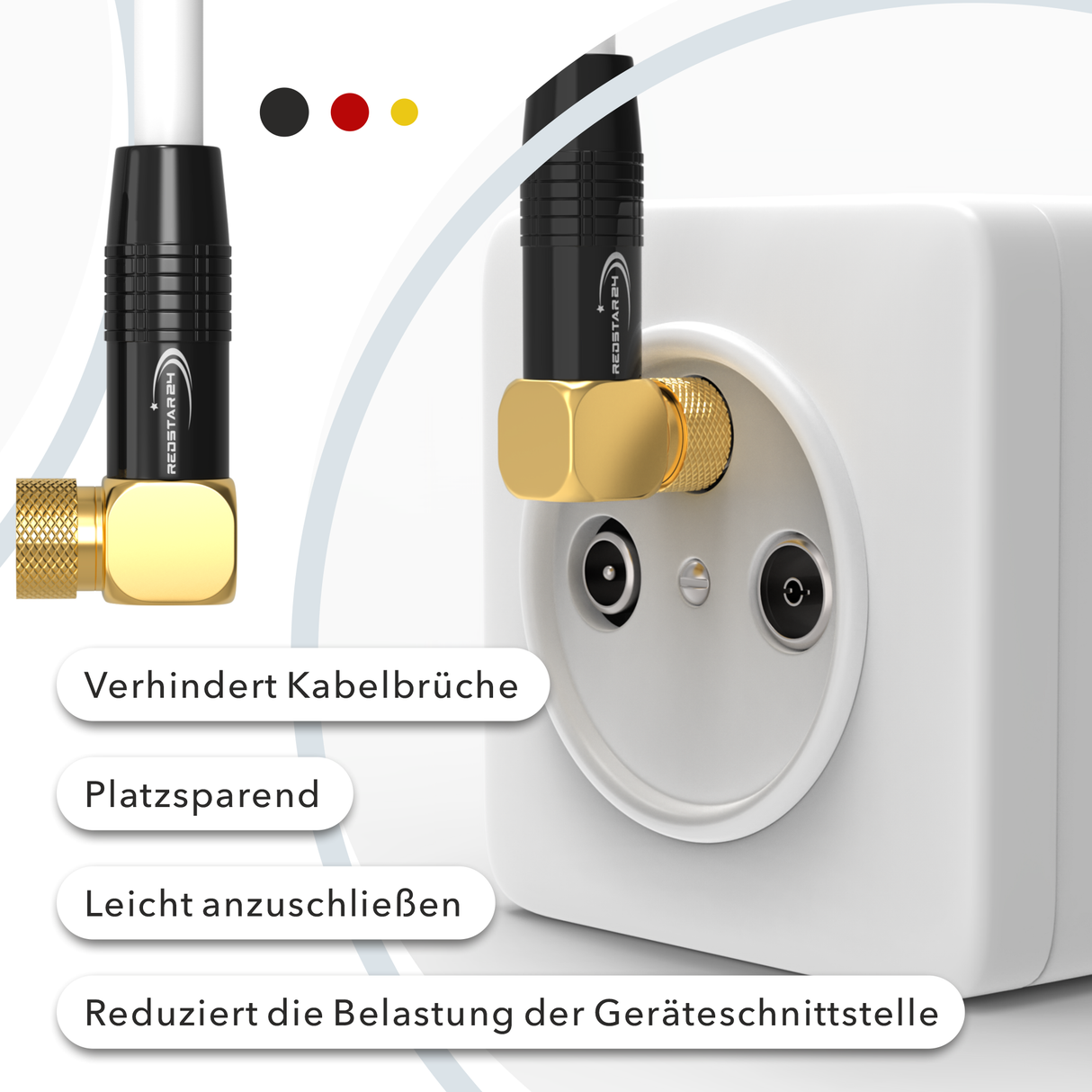 RedStar24 SAT Antennenkabel 135 dB – 2x 90° F-Winkelstecker – HDTV, DVB-S/S2, DVB-C, Kabelinternet, UHD, vergoldet – Schwarz/Weiß – 1m bis 20m
