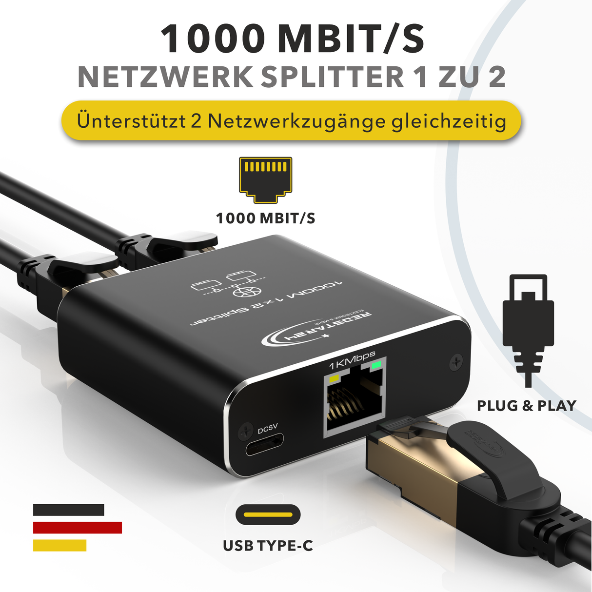 RedStar24 LAN Splitter 1 auf 2 – Gigabit Ethernet Splitter 2-Port Netzwerkverteiler, Aluminium Gehäuse, Plug & Play