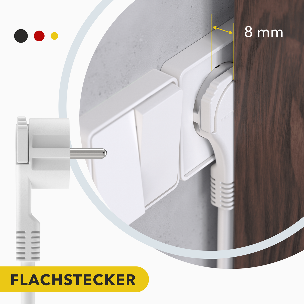 RedStar24 Steckdosenleiste 3-fach mit USB – 1,5m/3m/5m Verlängerungskabel, Flachstecker 8mm, Weiß – Mehrfachsteckdose mit 2 USB-Ports & Schalter