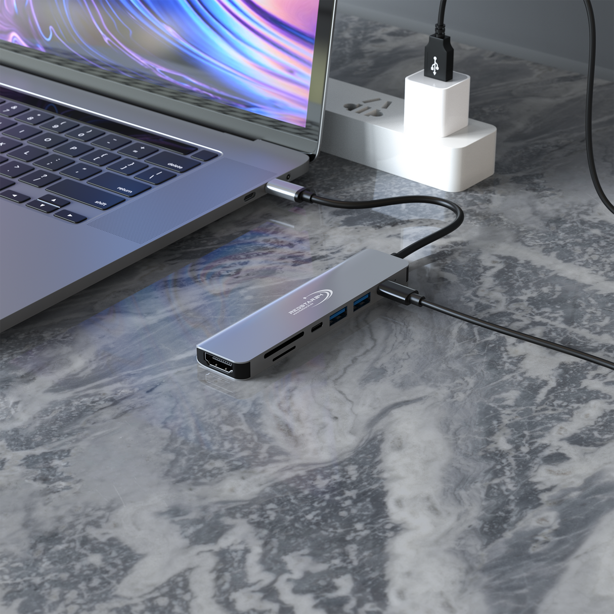 Kompakter RedStar24 USB C Hub in Space Grau – perfekt für Arbeit & Entertainment