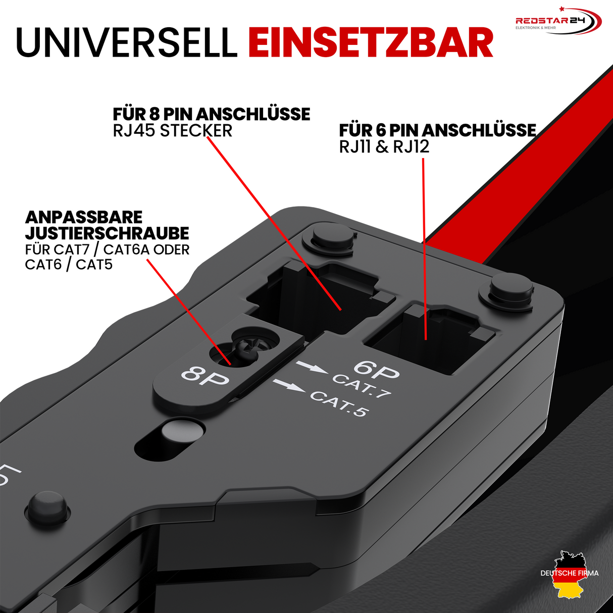 RedStar24 Netzwerk Werkzeugset – Pass-Through Crimpzange, Netzwerktester, Abisolierer, Seitenschneider & 10x RJ45 Stecker (CAT6a/CAT7)