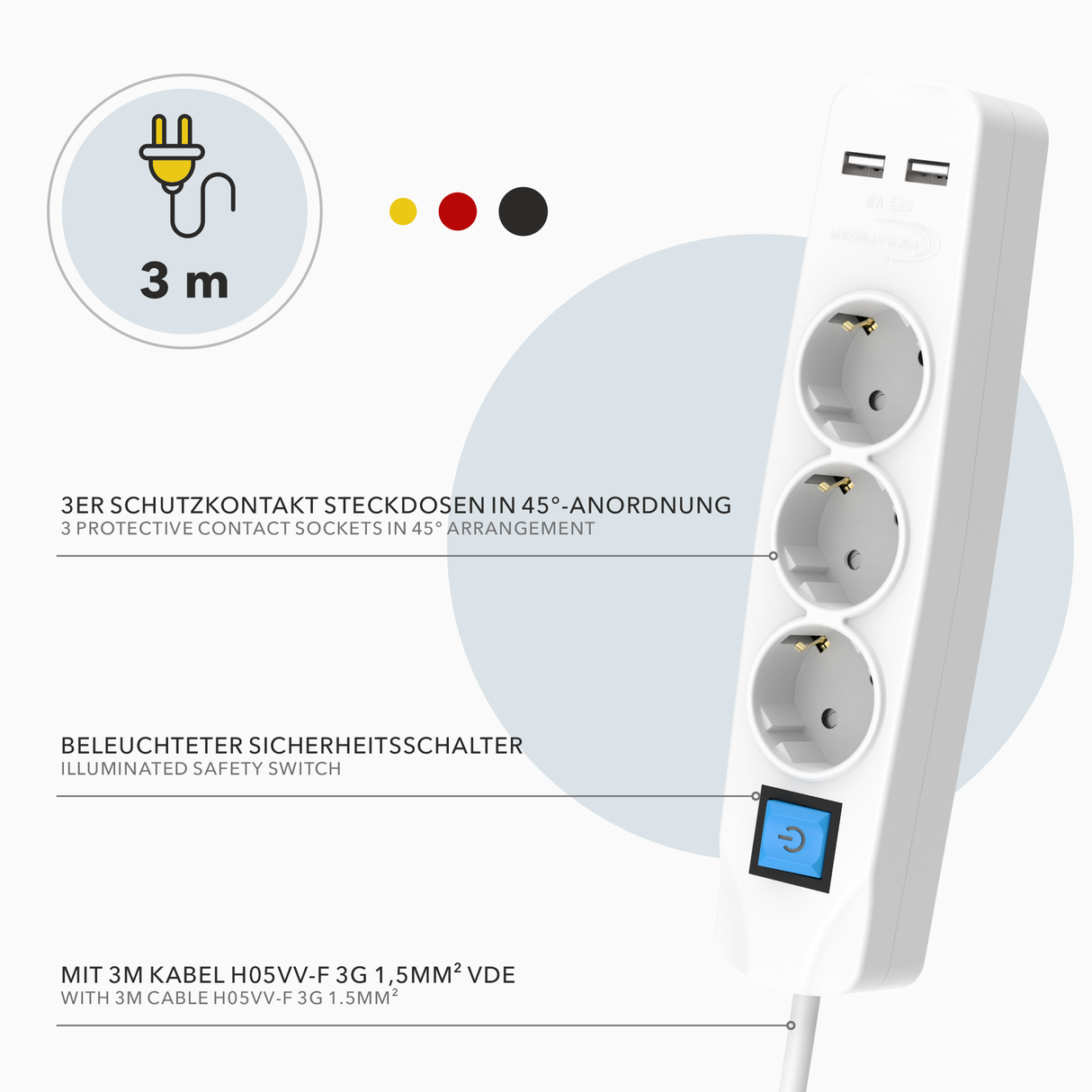 Steckdosenleiste mit 2 USB-Anschlüssen und Verlängerungskabel – Weiß