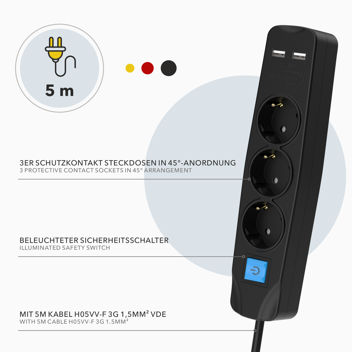 RedStar24 Steckdosenleiste 3-fach mit USB – 1,5m/3m/5m Verlängerungskabel, Flachstecker 8mm, Schwarz – Mehrfachsteckdose mit 2 USB-Ports & Schalter