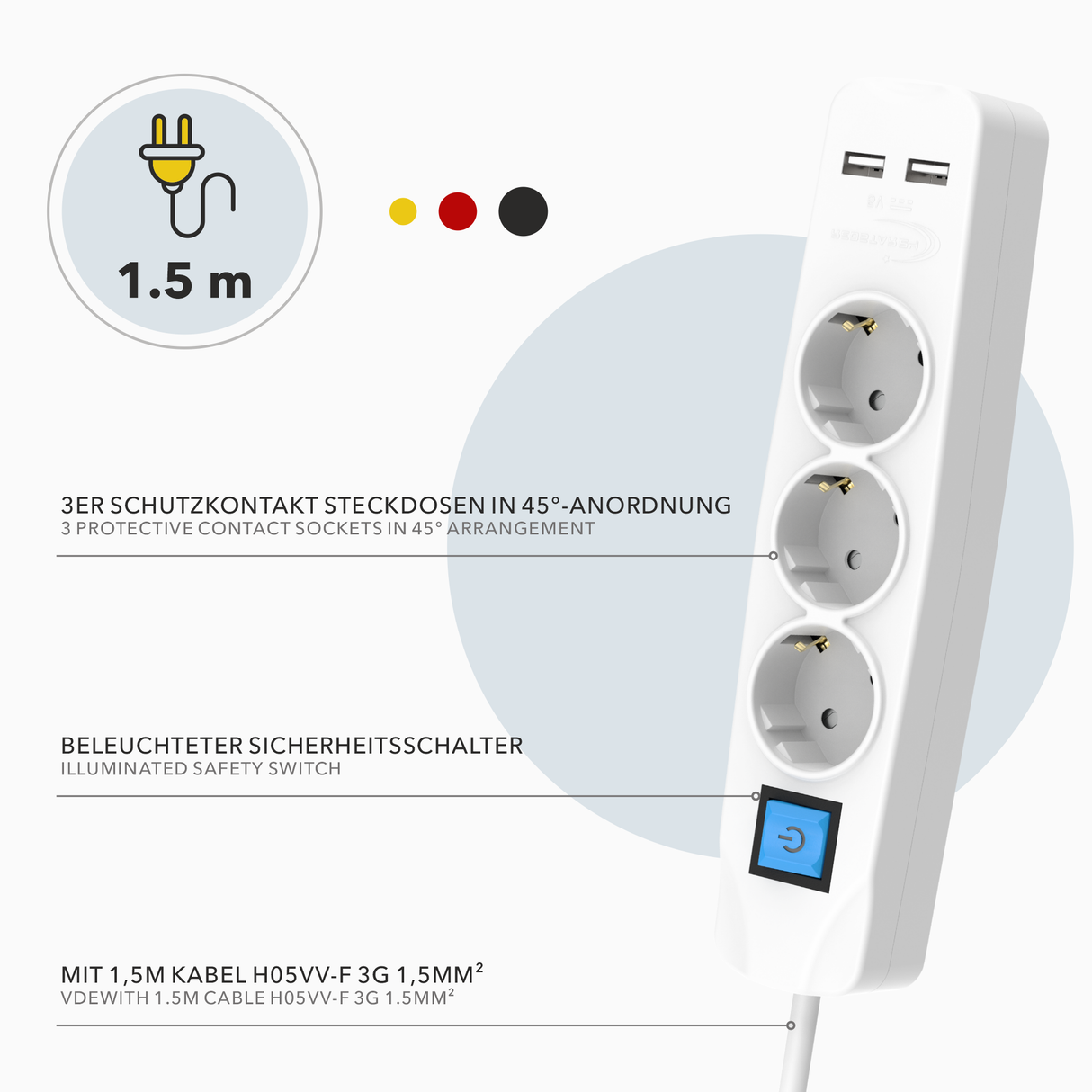 RedStar24 3-fach Mehrfachsteckdose mit USB Ladefunktion