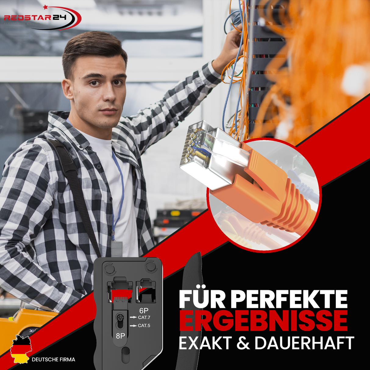 RedStar24 Netzwerk Werkzeugset – Pass-Through Crimpzange, Netzwerktester, Abisolierer, Seitenschneider & 10x RJ45 Stecker (CAT6a/CAT7)