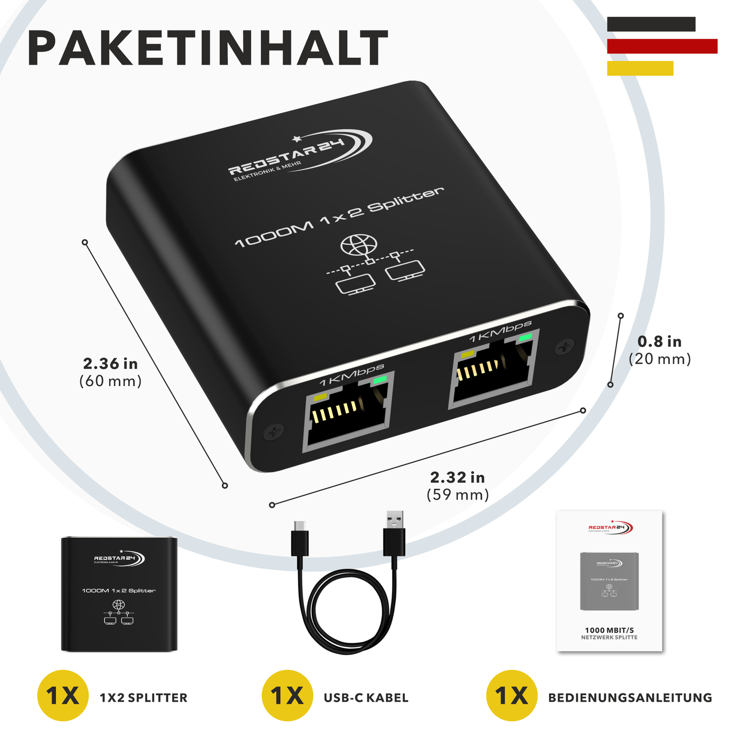 RedStar24 LAN Splitter 1 auf 2 – Gigabit Ethernet Splitter 2-Port Netzwerkverteiler, Aluminium Gehäuse, Plug & Play