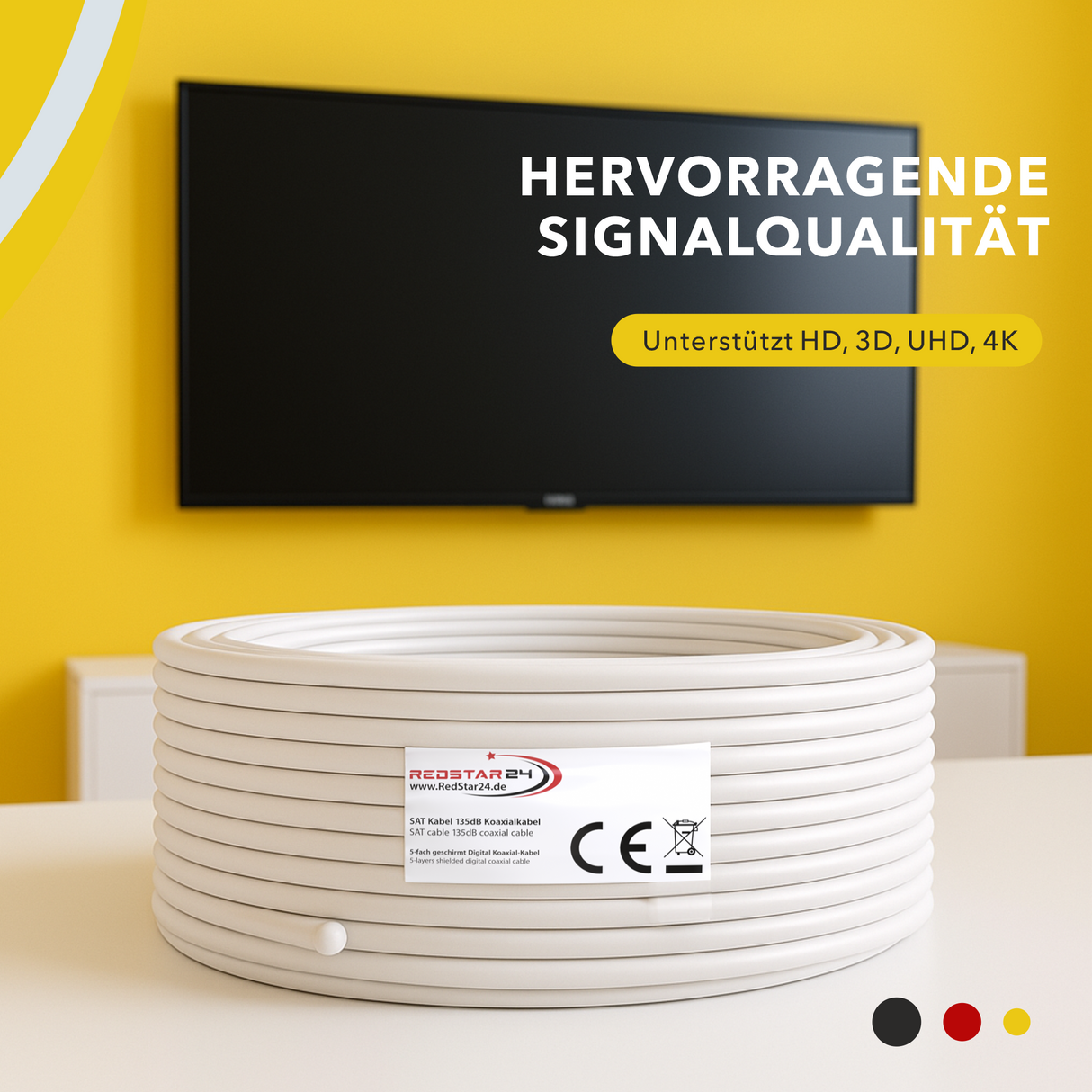 RedStar24 SAT Koaxialkabel 135 dB 5-fach geschirmt – Digital Satellitenkabel mit 10x F-Steckern – HDTV, 4K UHD, 3D – 10m bis 100m