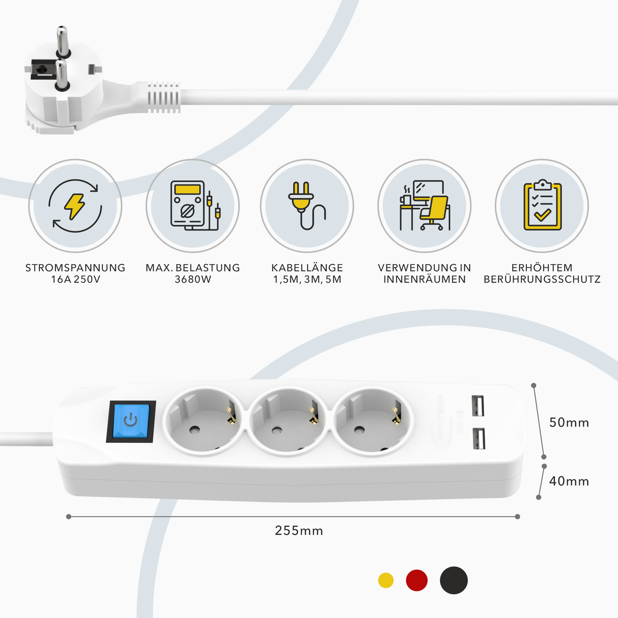 RedStar24 Steckdosenleiste 3-fach mit USB – 1,5m/3m/5m Verlängerungskabel, Flachstecker 8mm, Weiß – Mehrfachsteckdose mit 2 USB-Ports & Schalter