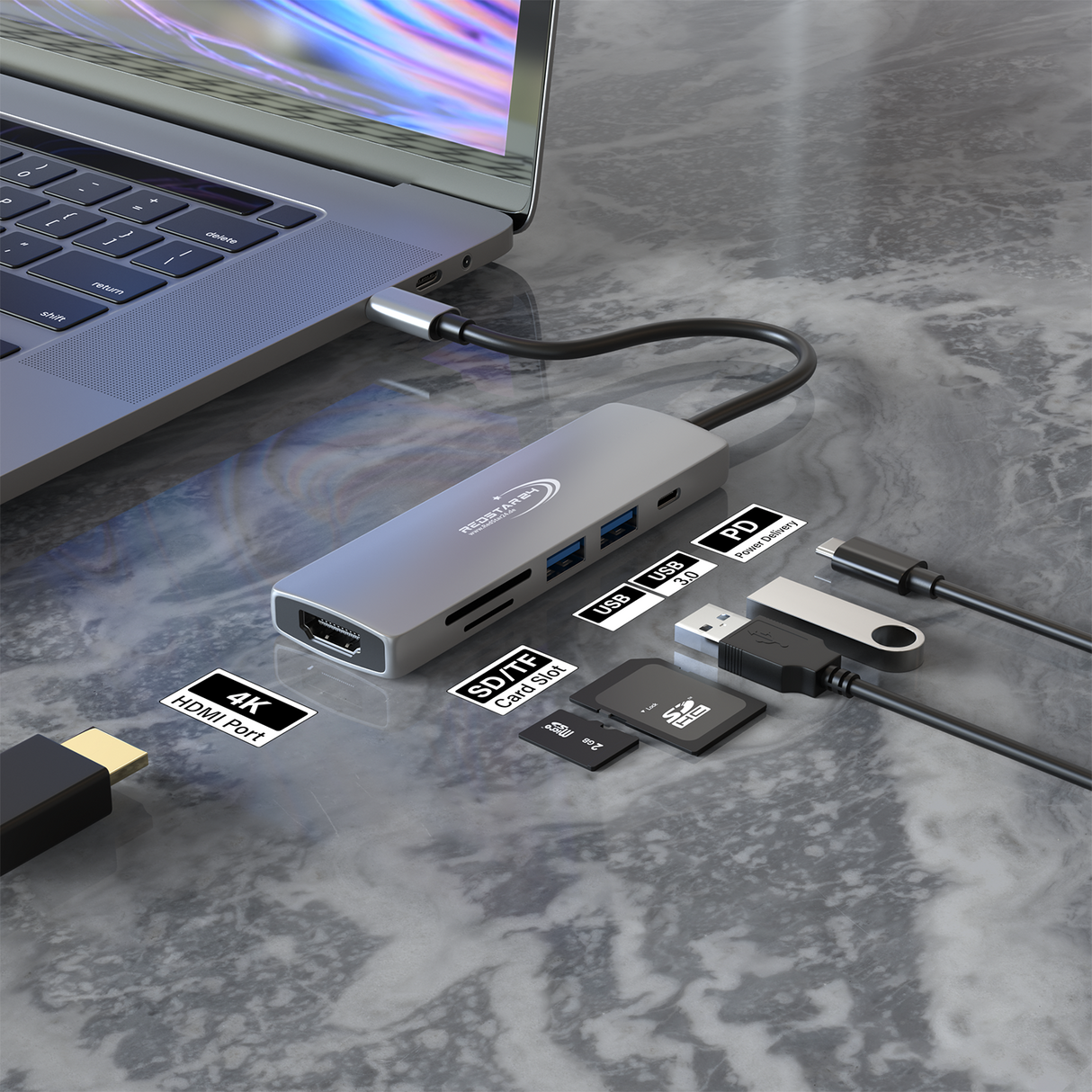 RedStar24 USB C Hub 6-in-1 Adapter – HDMI 4K, 2x USB 3.0, MicroSD/SD, PD 55W – Space Grau für MacBook, Laptop, Samsung, TV
