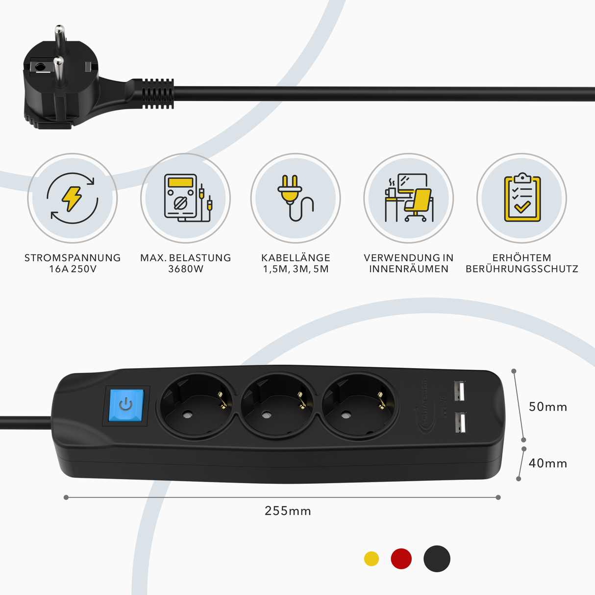 RedStar24 Steckdosenleiste 3-fach mit USB – 1,5m/3m/5m Verlängerungskabel, Flachstecker 8mm, Schwarz – Mehrfachsteckdose mit 2 USB-Ports & Schalter