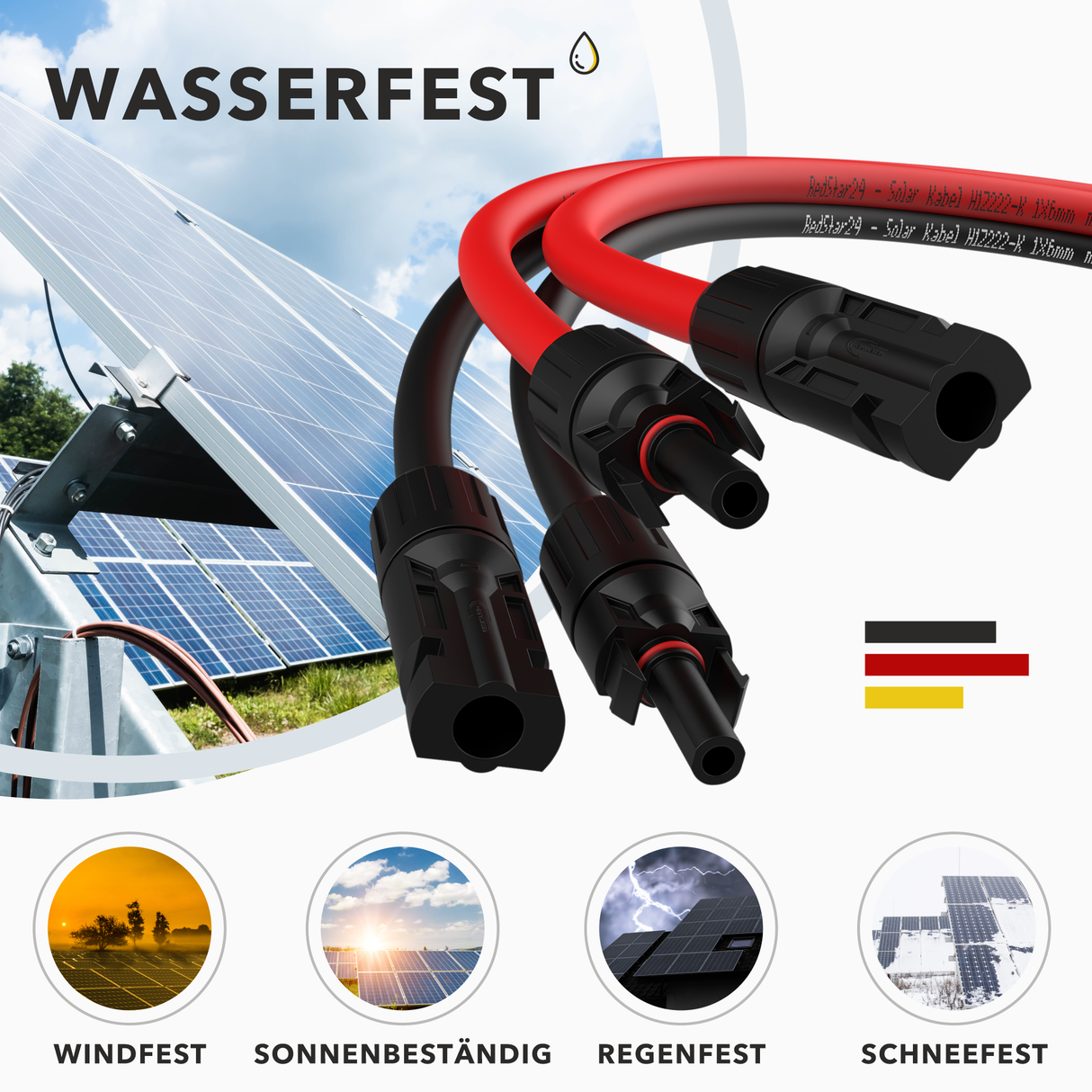 RedStar24 Solarkabel Verlängerung 4mm² Set (Rot + Schwarz) – TÜV zertifiziert, UV-beständig, PV Kabel IP68 für Solaranlagen – 1m bis 25m
