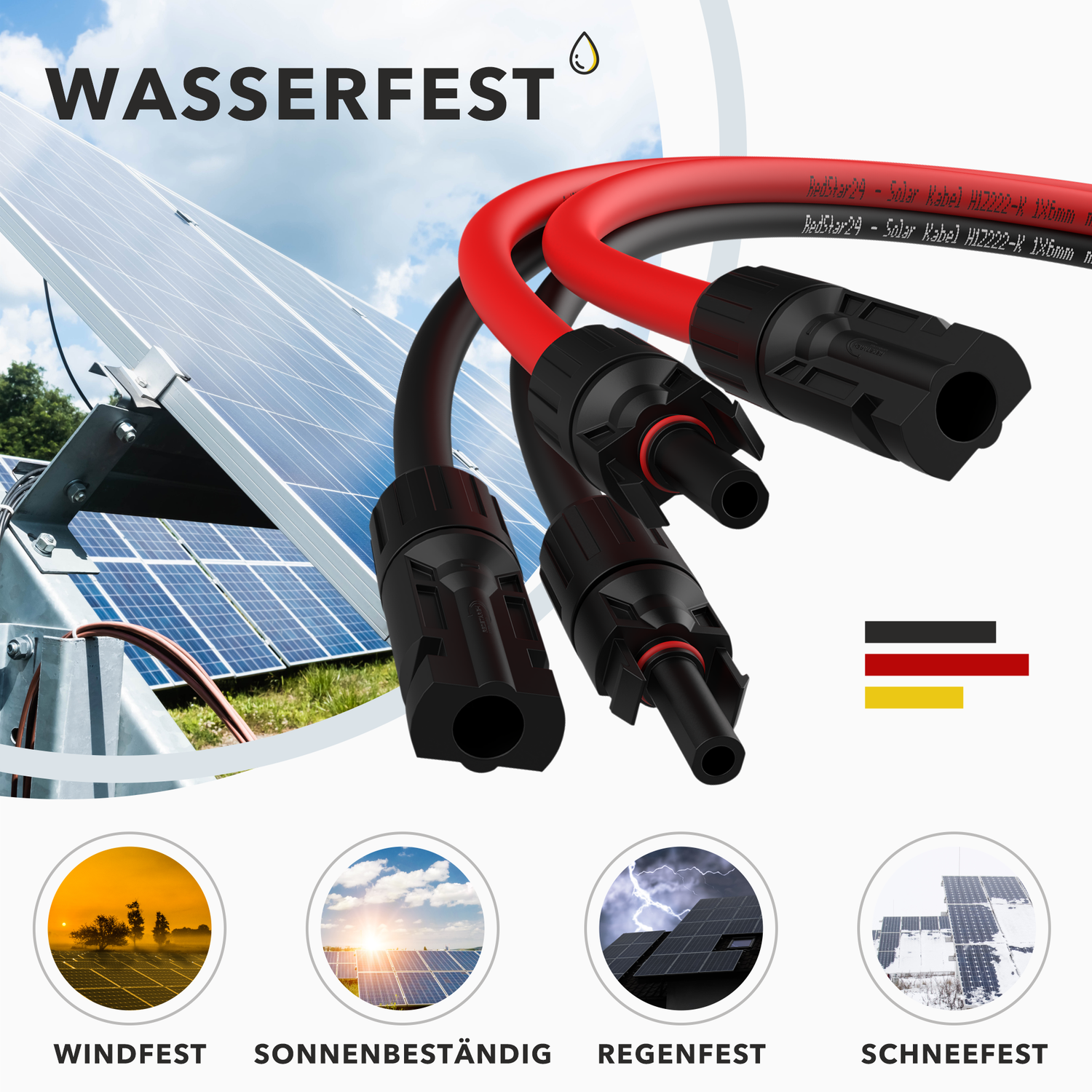 RedStar24 Solarkabel Verlängerung 6mm² Set (Rot + Schwarz) – TÜV zertifiziert, UV-beständig, PV Kabel IP68 für Solaranlagen – 1m bis 25m