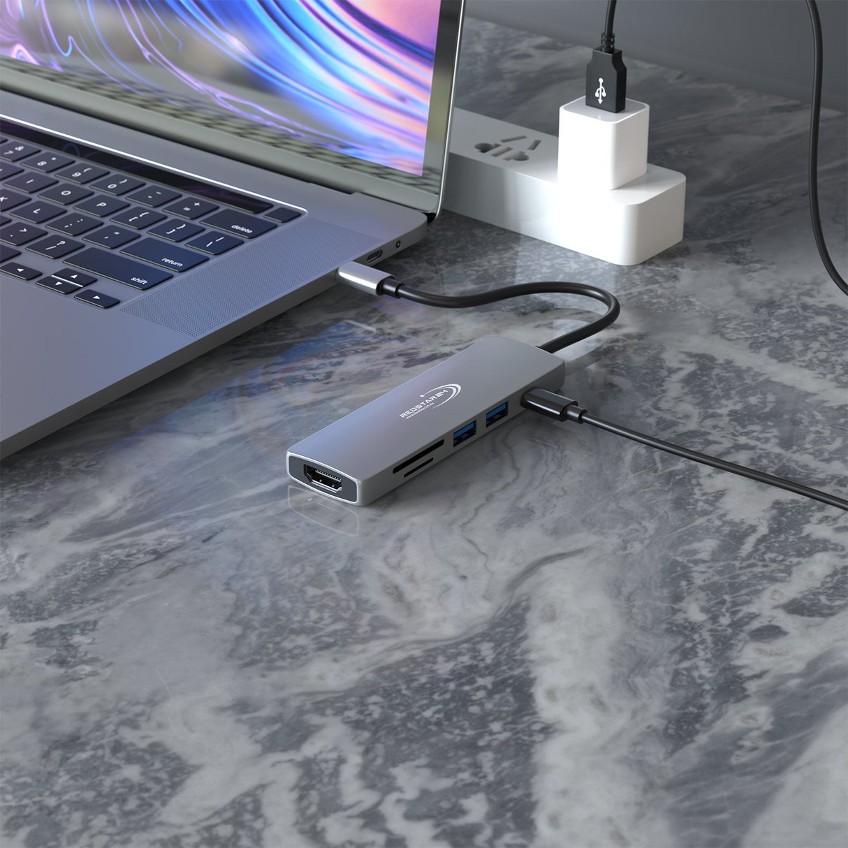 RedStar24 USB C Hub 6-in-1 Adapter – HDMI 4K, 2x USB 3.0, MicroSD/SD, PD 55W – Space Grau für MacBook, Laptop, Samsung, TV