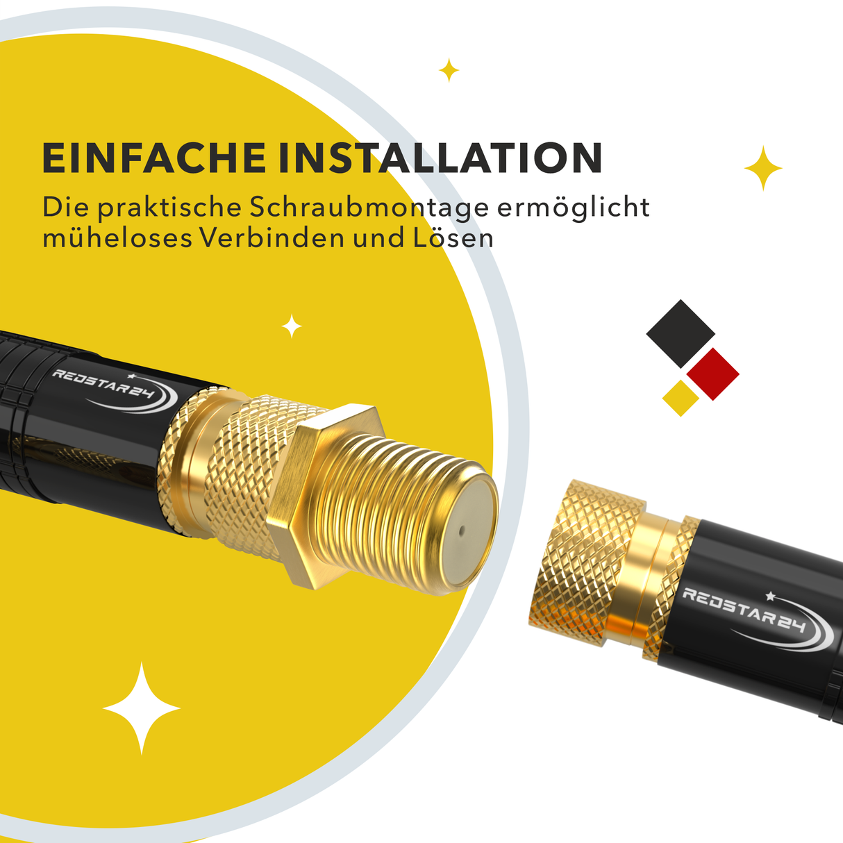 RedStar24 F-Verbinder vergoldet – F-Kupplung für Sat Kabel & Koaxialkabel – Vollgeschirmt – 2er, 10er oder 100er Set