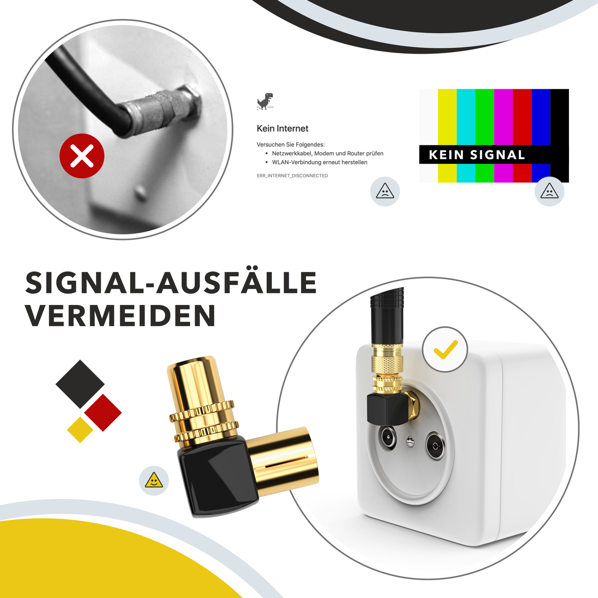 RedStar24 TV Koax Winkeladapter 90° – IEC Stecker auf IEC Buchse – vergoldet Vollmetall – 2er/4er/10er Set