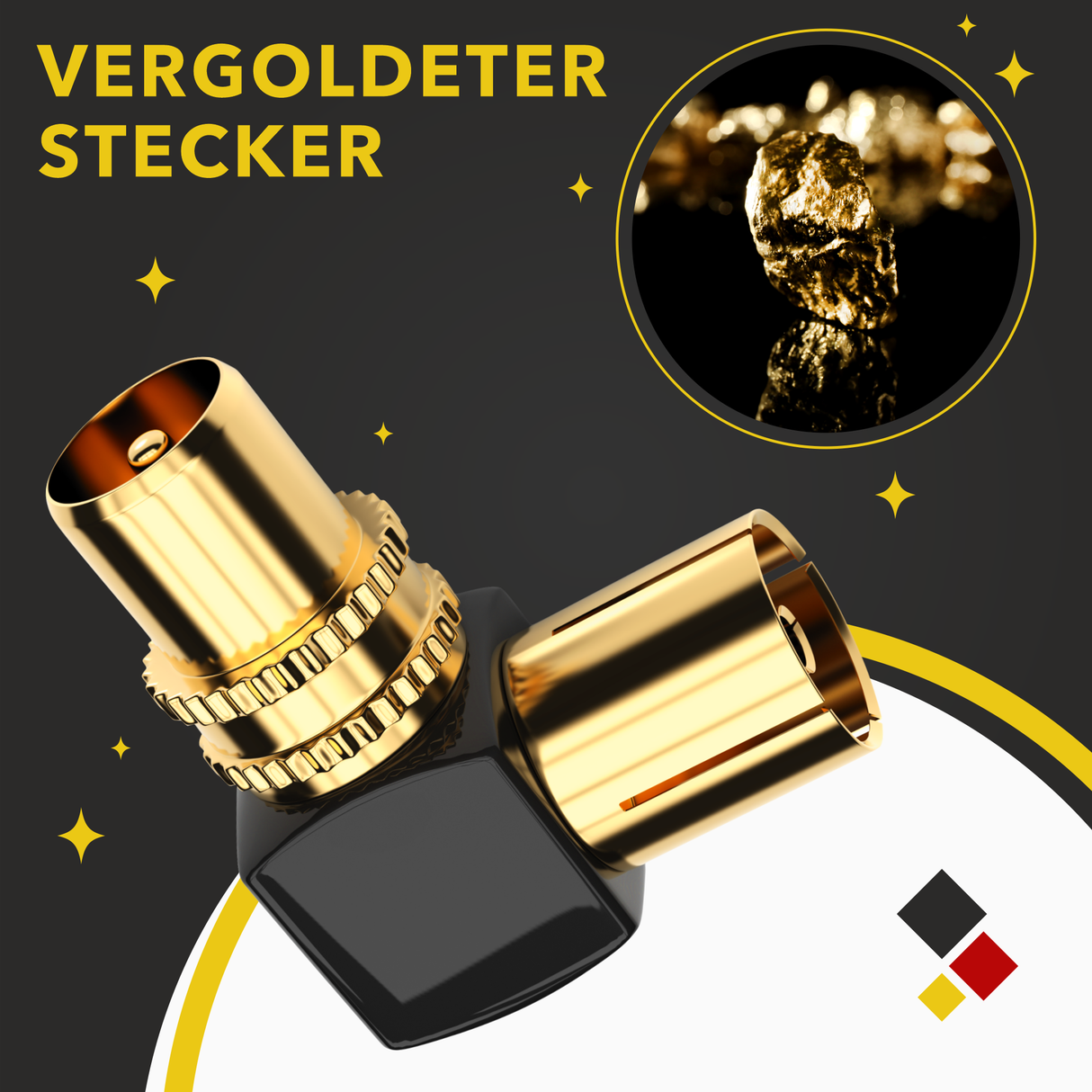 RedStar24 TV Koax Winkeladapter 90° – IEC Stecker auf IEC Buchse – vergoldet Vollmetall – 2er/4er/10er Set