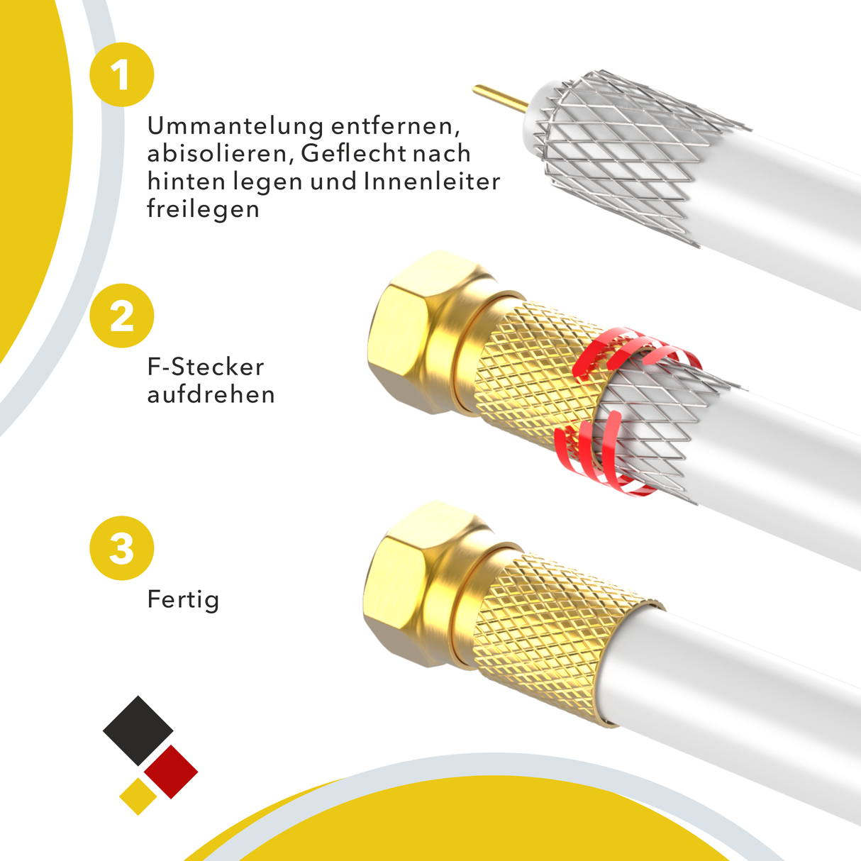 RedStar24 F-Stecker & F-Verbinder Set – 10x F-Stecker 7mm + 5x F-Verbinder – SAT Kabel Koaxial Adapter vergoldet – HDTV, UHD, 4K