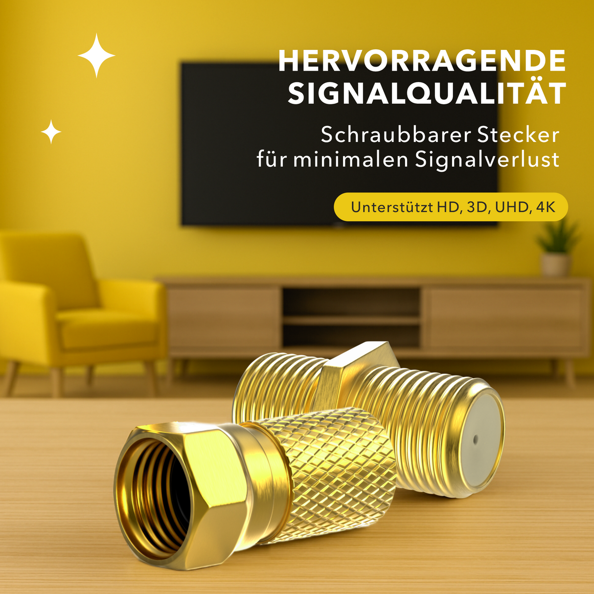 RedStar24 F-Stecker & F-Verbinder Set – 10x F-Stecker 7mm + 5x F-Verbinder – SAT Kabel Koaxial Adapter vergoldet – HDTV, UHD, 4K