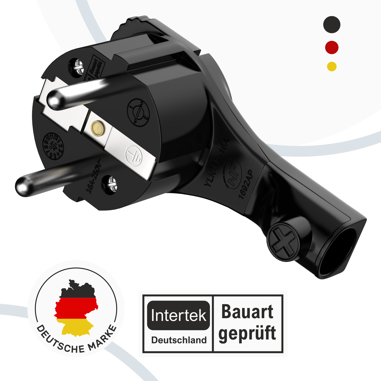 RedStar24 protective contact angle plug extra flat 8 mm – Schuko plug CEE 7/7 with folding handle – Black – Set of 1 to 10