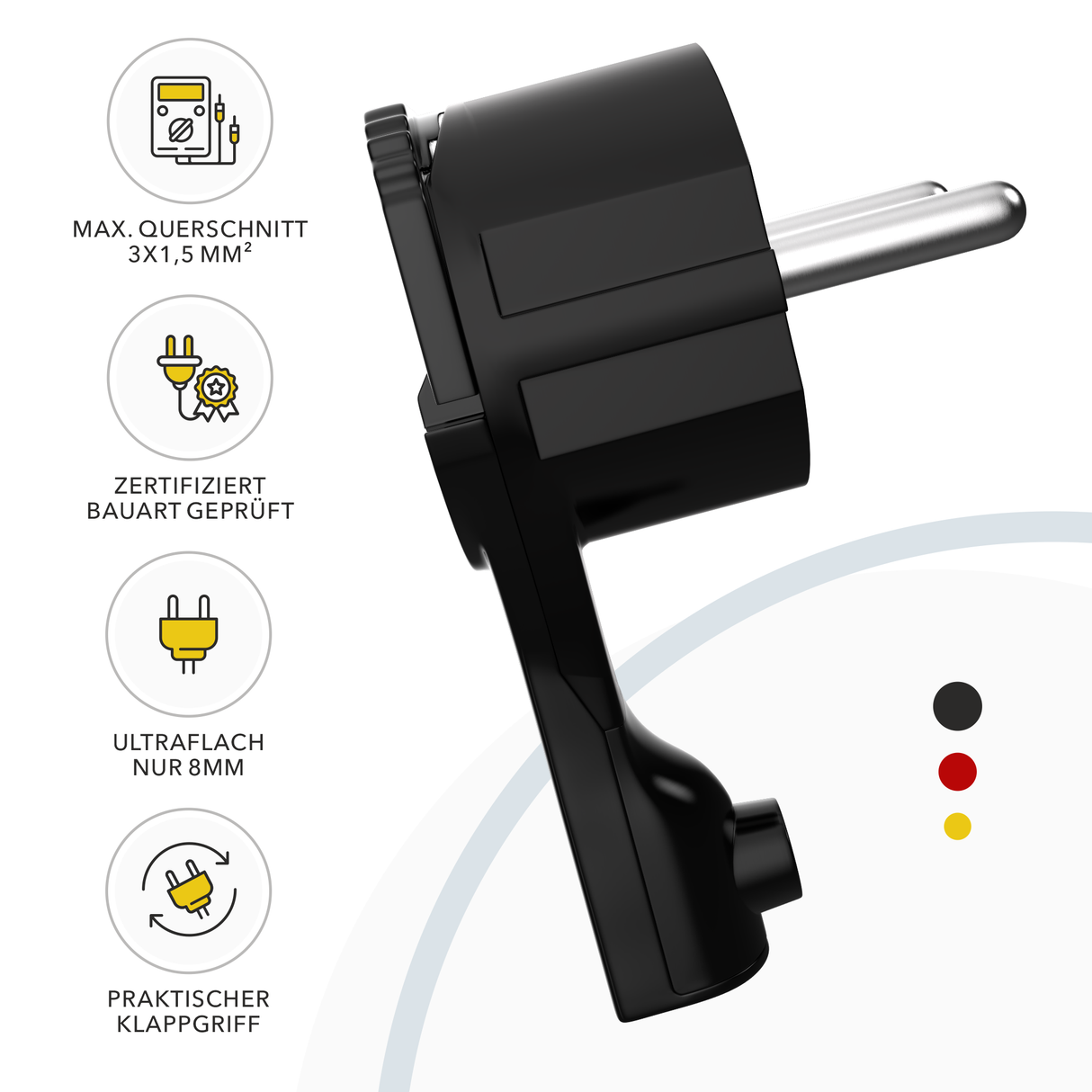 RedStar24 protective contact angle plug extra flat 8 mm – Schuko plug CEE 7/7 with folding handle – Black – Set of 1 to 10