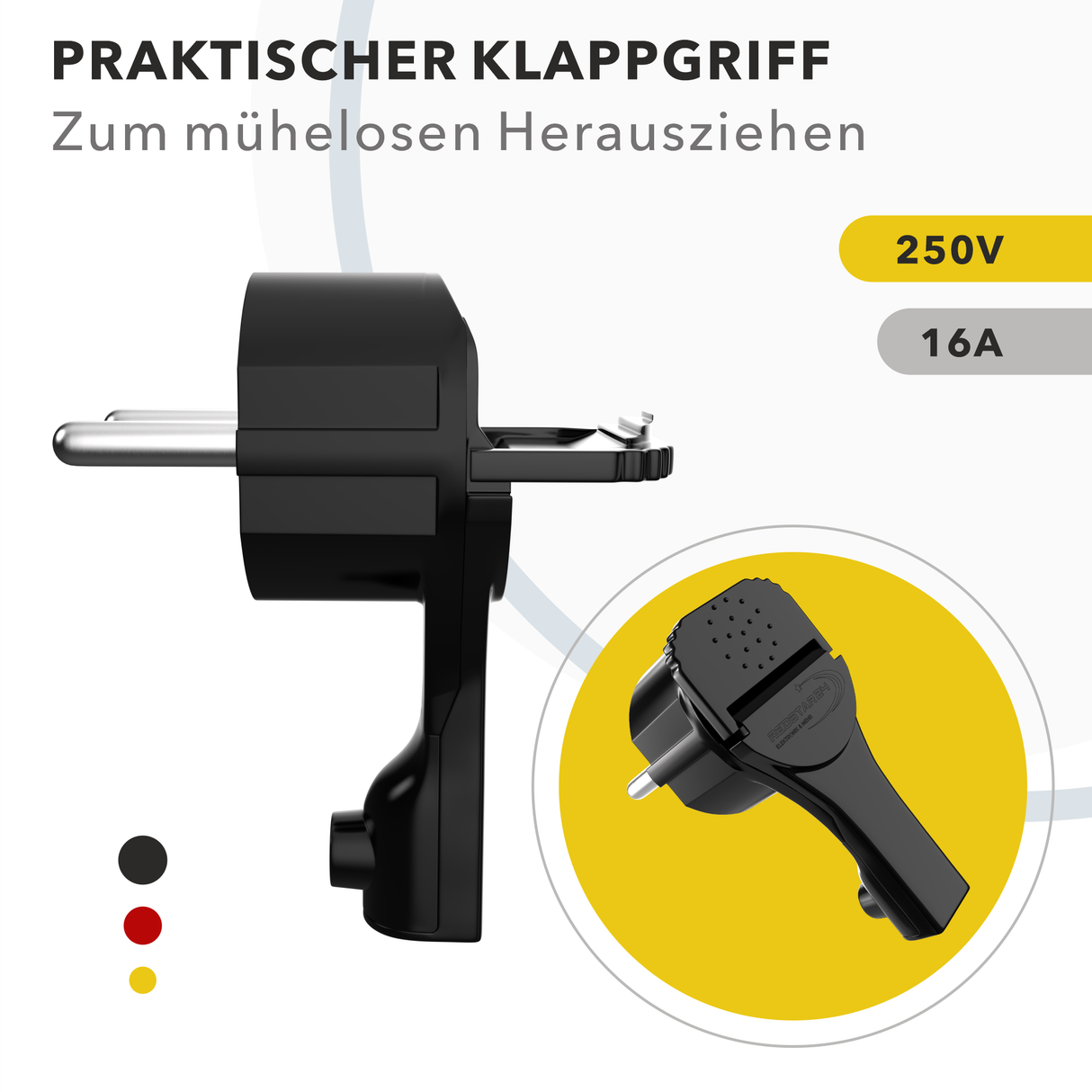 RedStar24 protective contact angle plug extra flat 8 mm – Schuko plug CEE 7/7 with folding handle – Black – Set of 1 to 10