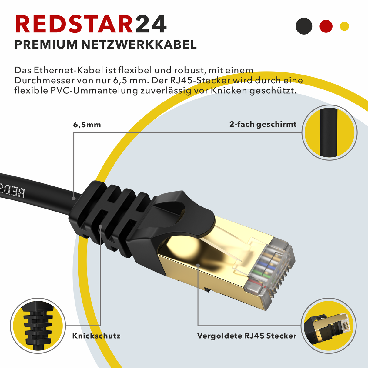 RedStar24 CAT 7 Patchkabel – Gigabit LAN Ethernet Kabel RJ45 (0,25m–20m, Schwarz/Weiß, 10 Gbit/s, 600 MH