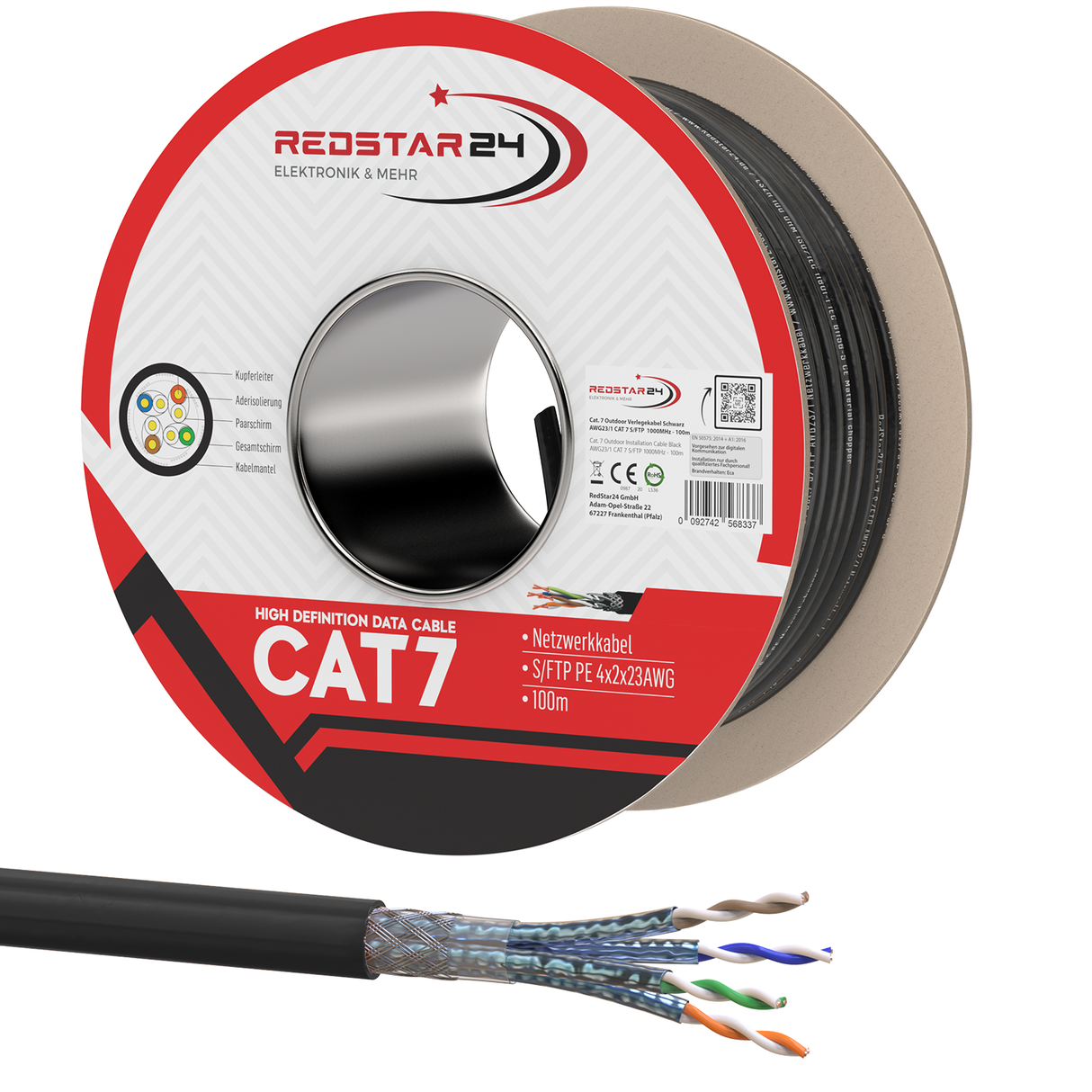 RedStar24 CAT 7 Erdkabel Outdoor Netzwerkkabel – Verlegekabel S/FTP, UV-beständig, 10 Gbit/s (5m–500m)