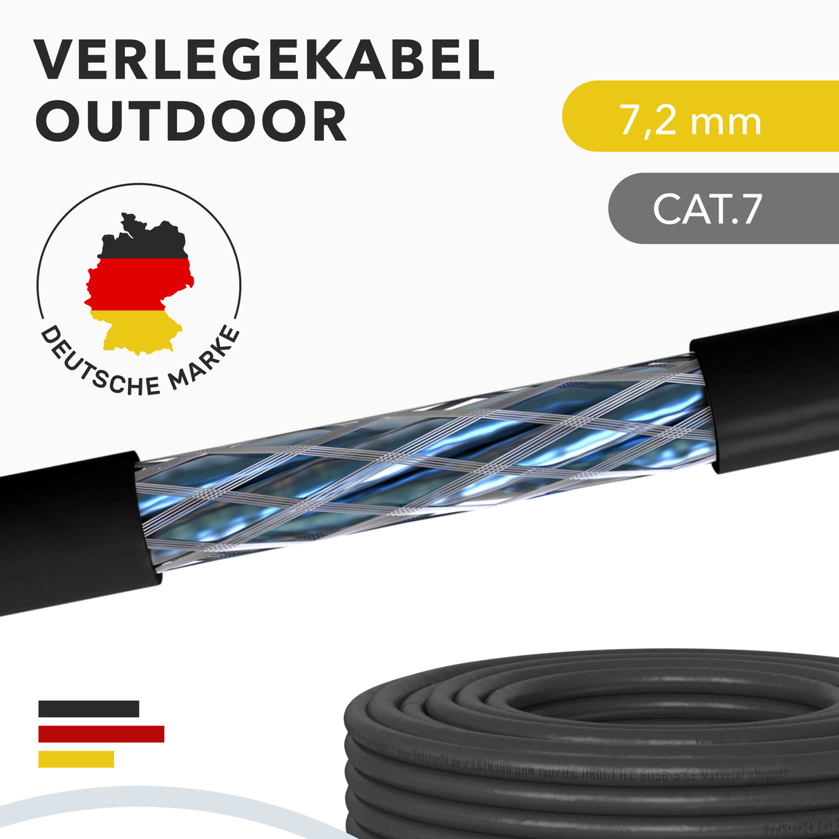 RedStar24 CAT 7 Erdkabel Outdoor Netzwerkkabel – Verlegekabel S/FTP, UV-beständig, 10 Gbit/s (5m–500m)