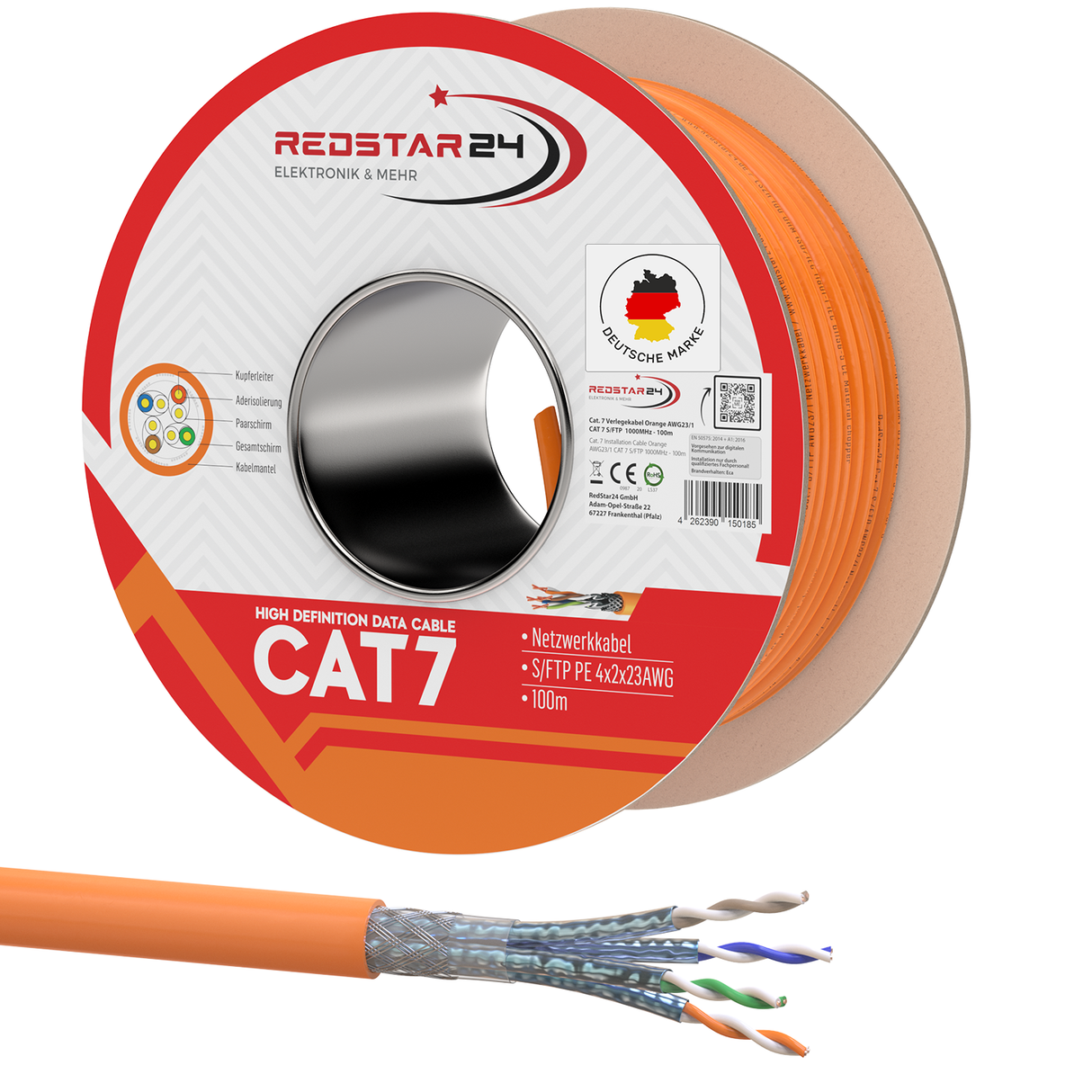 Cat7 Verlegekabel S/FTP 1000 MHz – Orange, LSZH (Eca), 23 AWG, PiMF