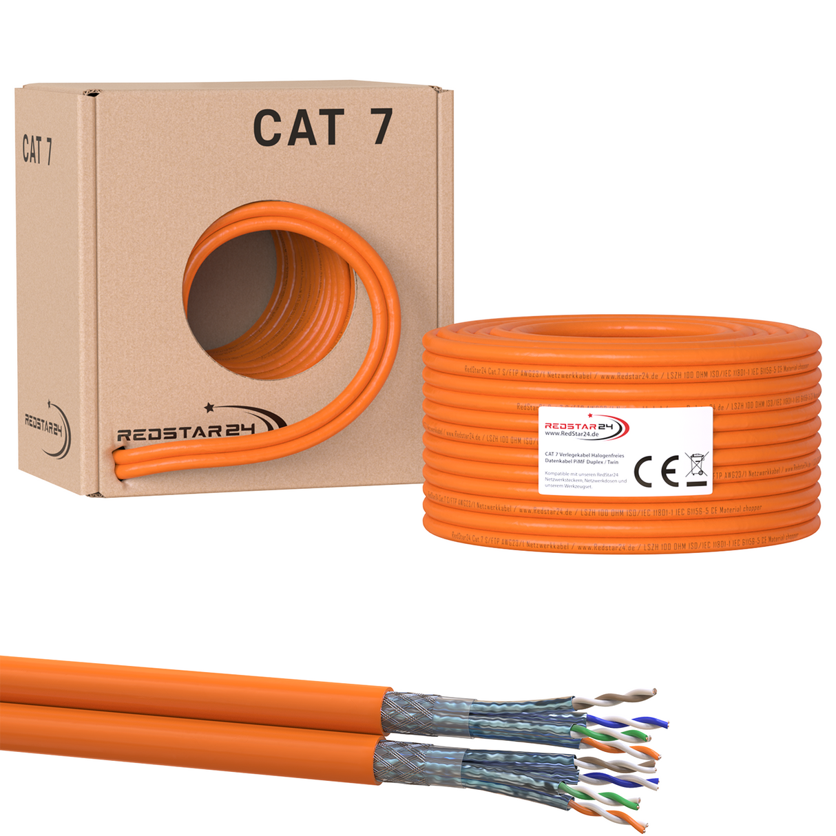 RedStar24 CAT7 Duplex Verlegekabel 2×50 m S/FTP PiMF Abrollbox Orange