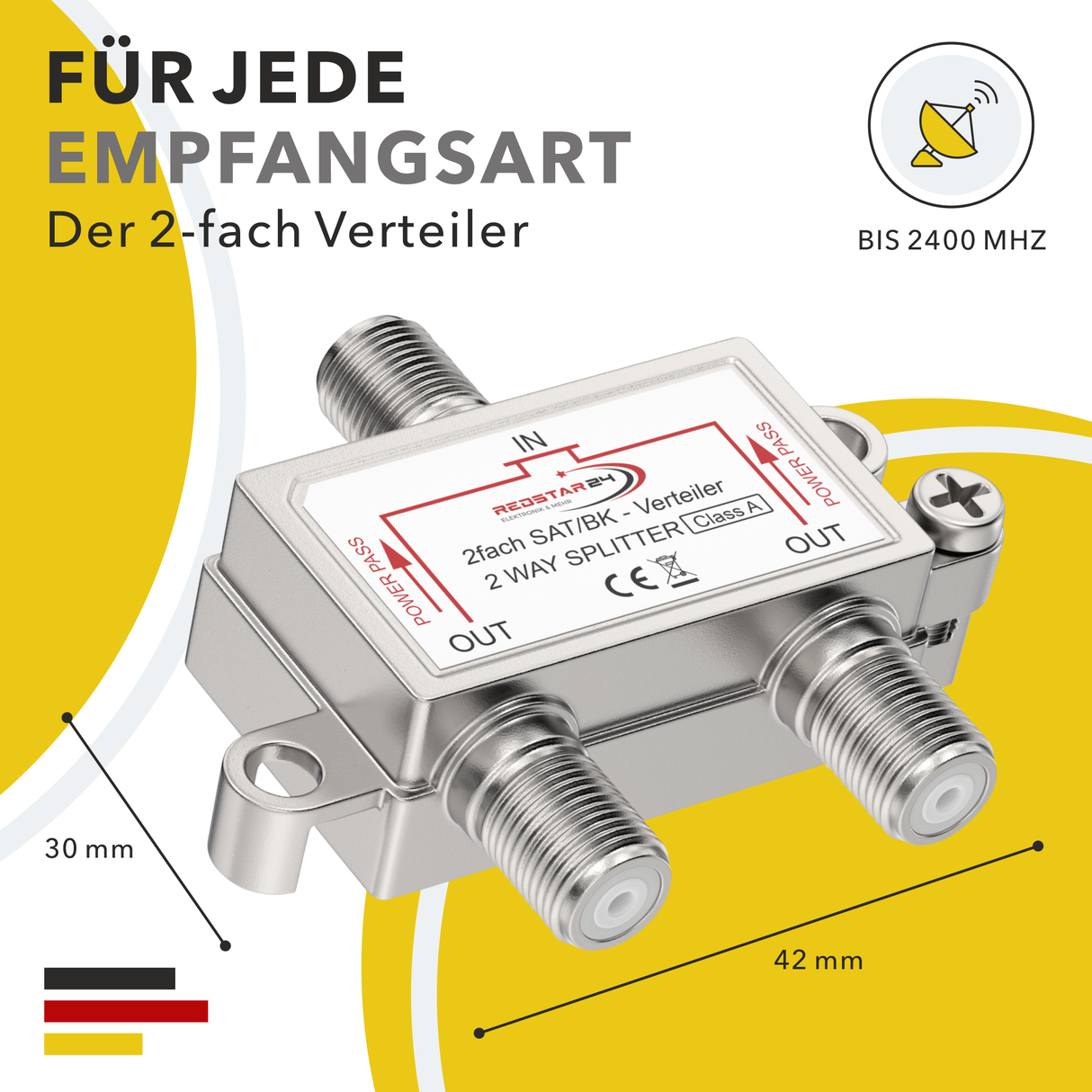 RedStar24 Sat Verteiler 2-fach mit F-Kupplungen – Metallgehäuse