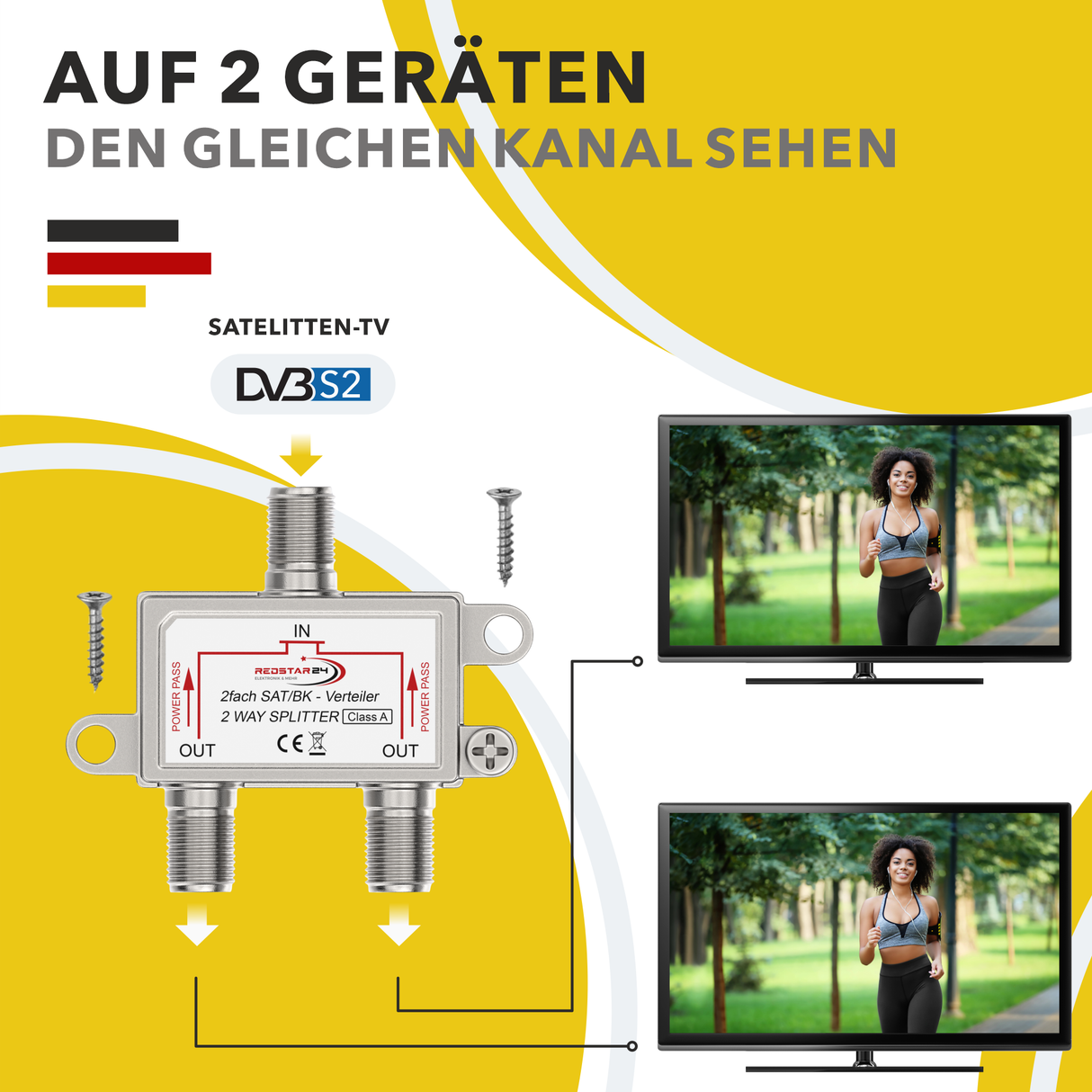 RedStar24 SAT-Verteiler 2-fach – F-Kupplung Splitter 120 dB – Digital TV, UHD 4K, DVB-S/S2, DVB-T2, DVB-C – Vollgeschirmt Metallgehäuse