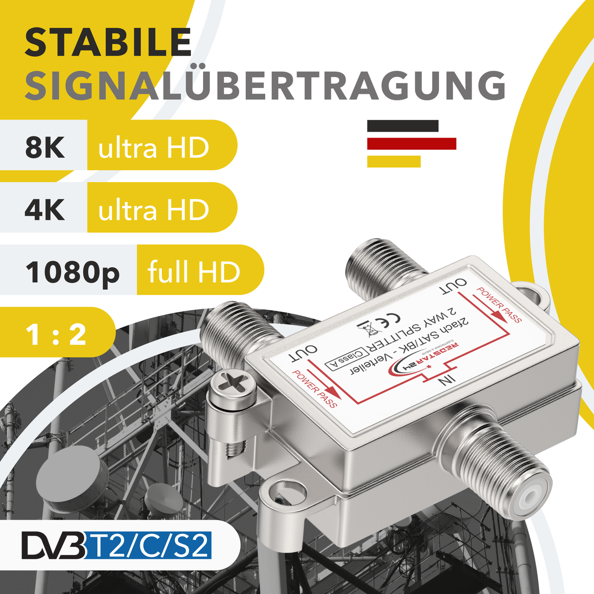 RedStar24 SAT-Verteiler 2-fach – F-Kupplung Splitter 120 dB – Digital TV, UHD 4K, DVB-S/S2, DVB-T2, DVB-C – Vollgeschirmt Metallgehäuse