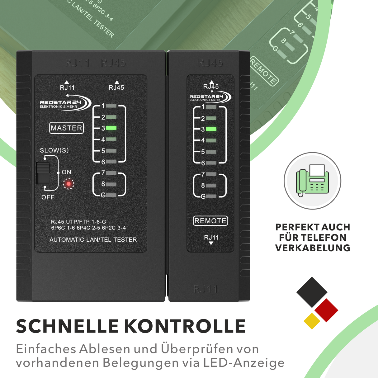 RedStar24 Netzwerktester – LAN Kabeltester für RJ45, RJ11, RJ12, ISDN & CAT6/CAT7/CAT8 Patchkabel