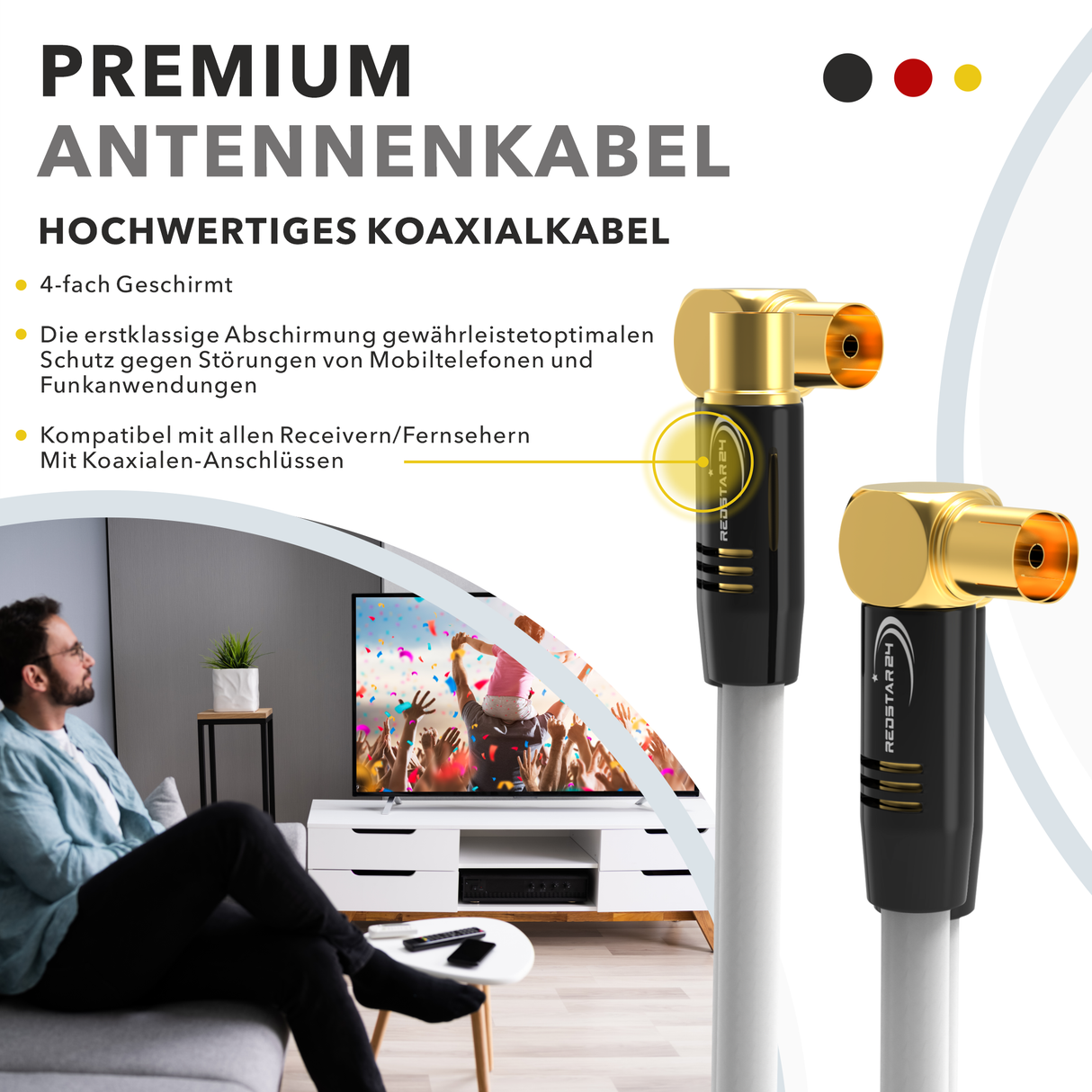 RedStar24 Antennenkabel 135 dB Koax Stecker-Buchse (Doppel-Winkel 90°) – HDTV, DVB-T2, Radio, DAB, 4K UHD, vergoldet – Schwarz/Weiß – 1m bis 30m