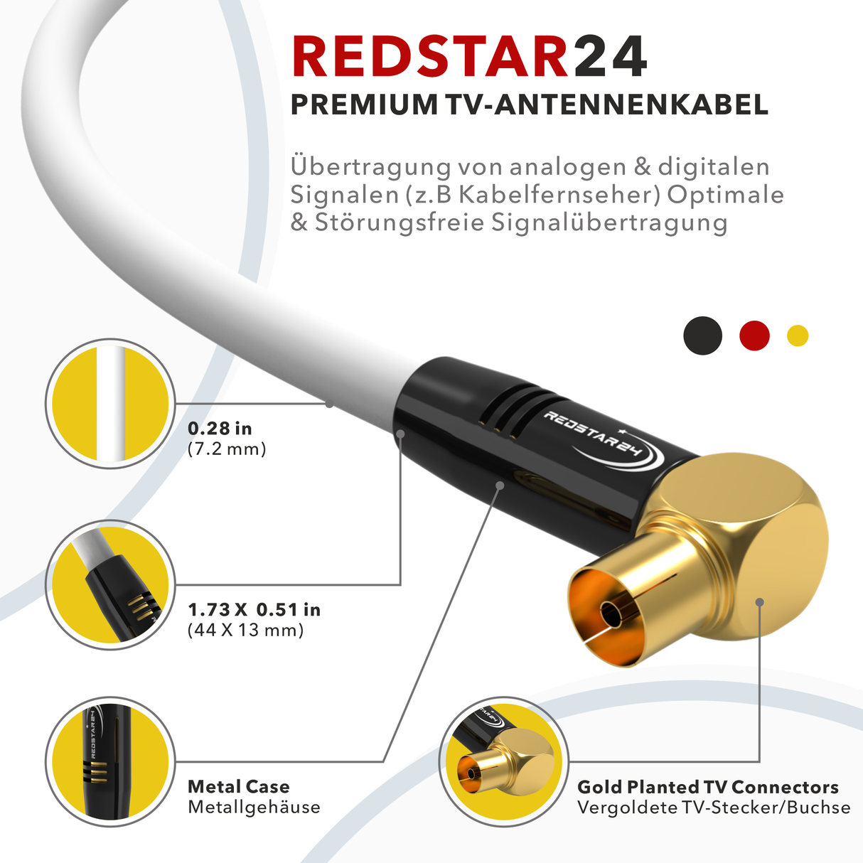 RedStar24 Antennenkabel 135 dB Koax Stecker-Buchse (Doppel-Winkel 90°) – HDTV, DVB-T2, Radio, DAB, 4K UHD, vergoldet – Schwarz/Weiß – 1m bis 30m