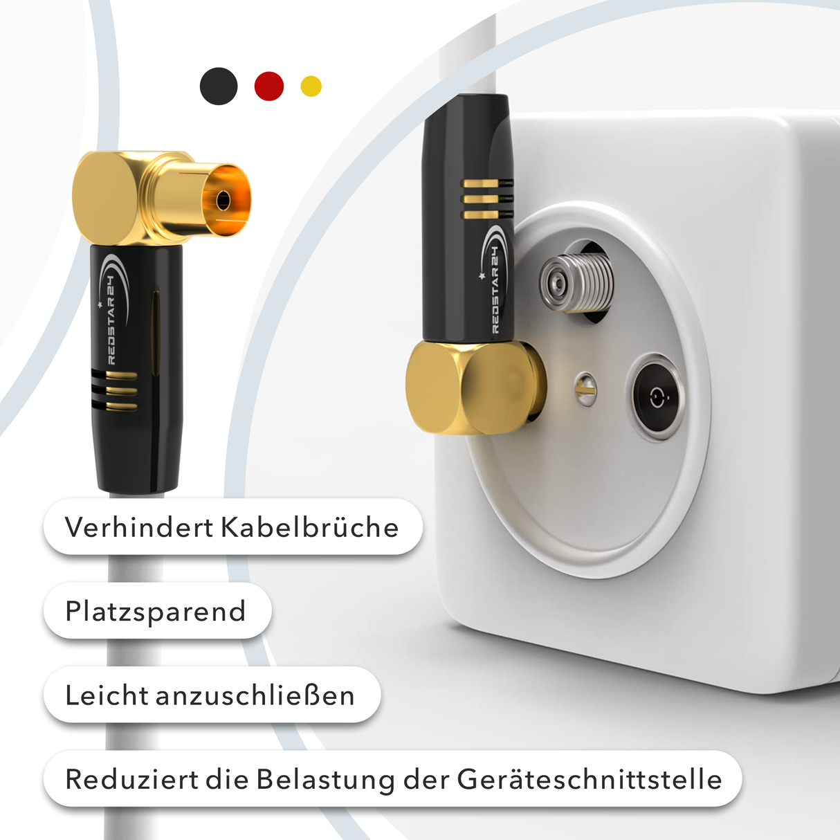 RedStar24 Antennenkabel 135 dB Koax Stecker-Buchse (Doppel-Winkel 90°) – HDTV, DVB-T2, Radio, DAB, 4K UHD, vergoldet – Schwarz/Weiß – 1m bis 30m