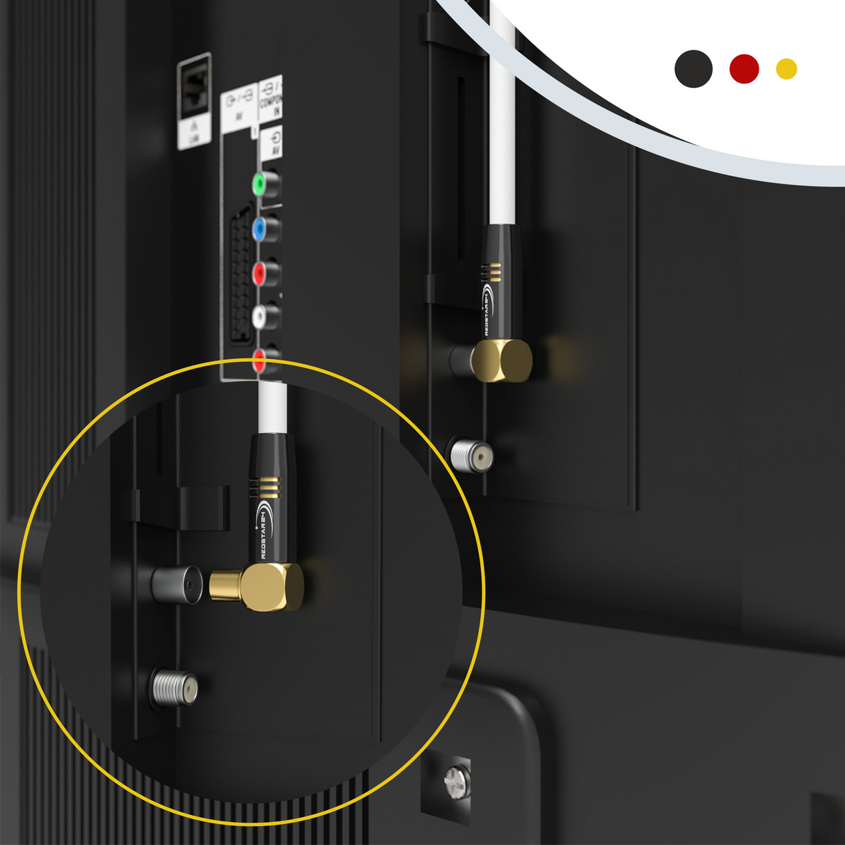 RedStar24 Antennenkabel 135 dB Koax Stecker-Buchse (Doppel-Winkel 90°) – HDTV, DVB-T2, Radio, DAB, 4K UHD, vergoldet – Schwarz/Weiß – 1m bis 30m