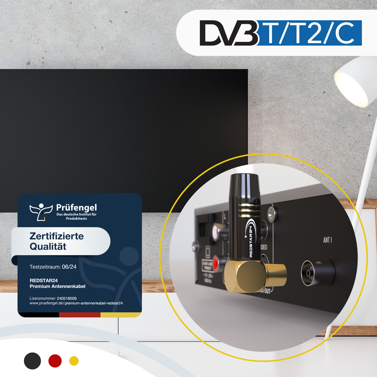 RedStar24 Antennenkabel 135 dB Koax Stecker-Buchse (Doppel-Winkel 90°) – HDTV, DVB-T2, Radio, DAB, 4K UHD, vergoldet – Schwarz/Weiß – 1m bis 30m