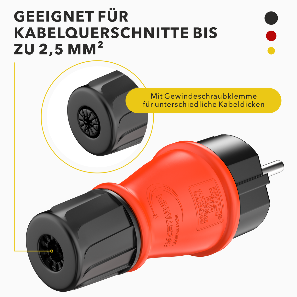 RedStar24 Schuko Schutzkontaktstecker IP54 – Gummi Stecker mit Knickschutztülle für Verlängerungskabel & Outdoor – 1er, 2er, 4er Set