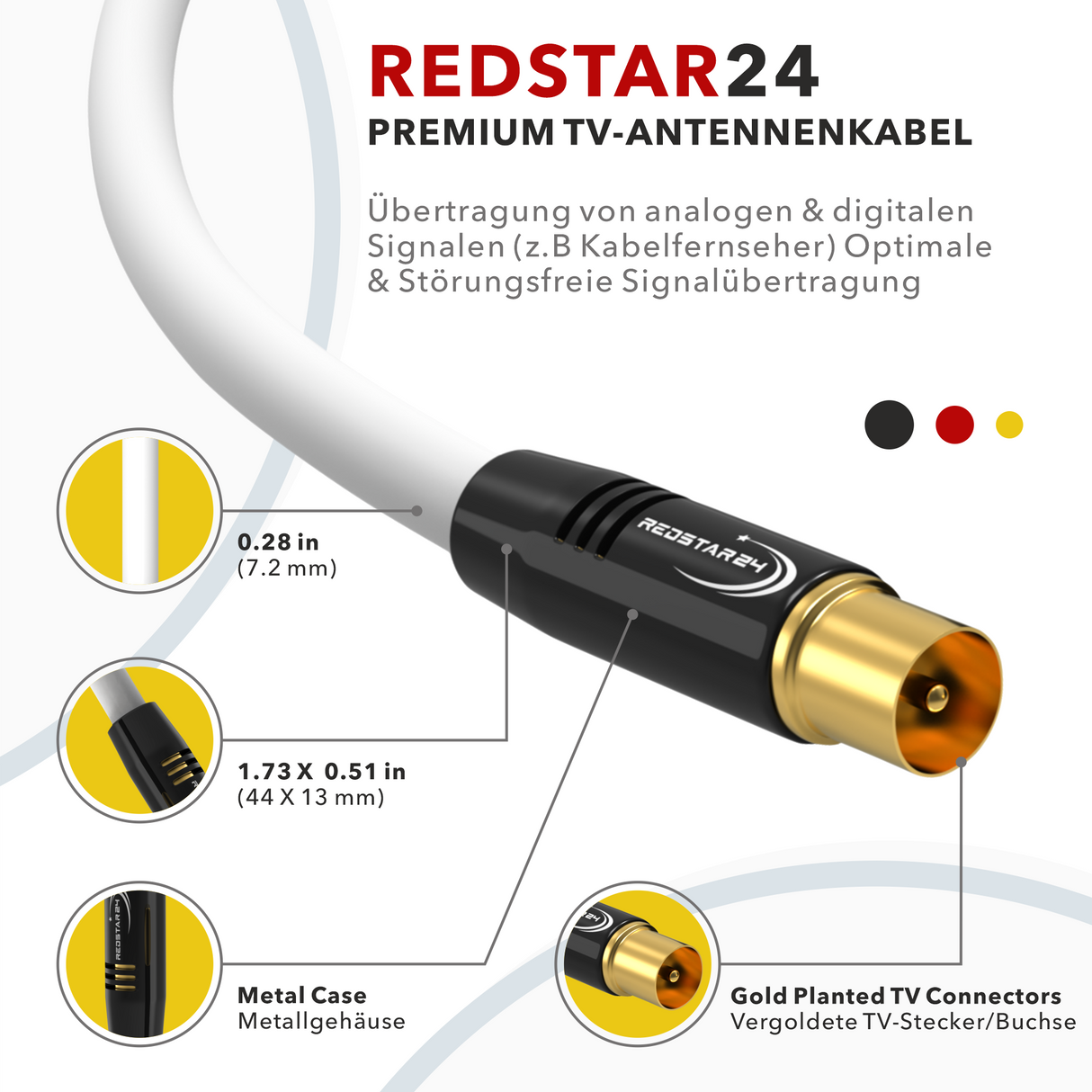 Antennenkabel Digital TV Kabel 135 dB Koax Stecker auf Stecker VERGOLDET HD 4K UHD 3D – Schwarz/Weiß – 1m bis 30m