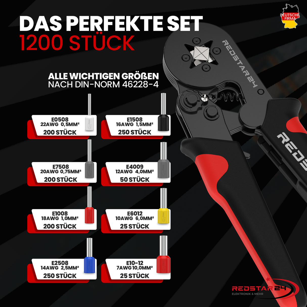 RedStar24 Crimpzange-Set 1800 Aderendhülsen (0,5–10 mm²) – Aderendhülsenzange mit Ratschenfunktion